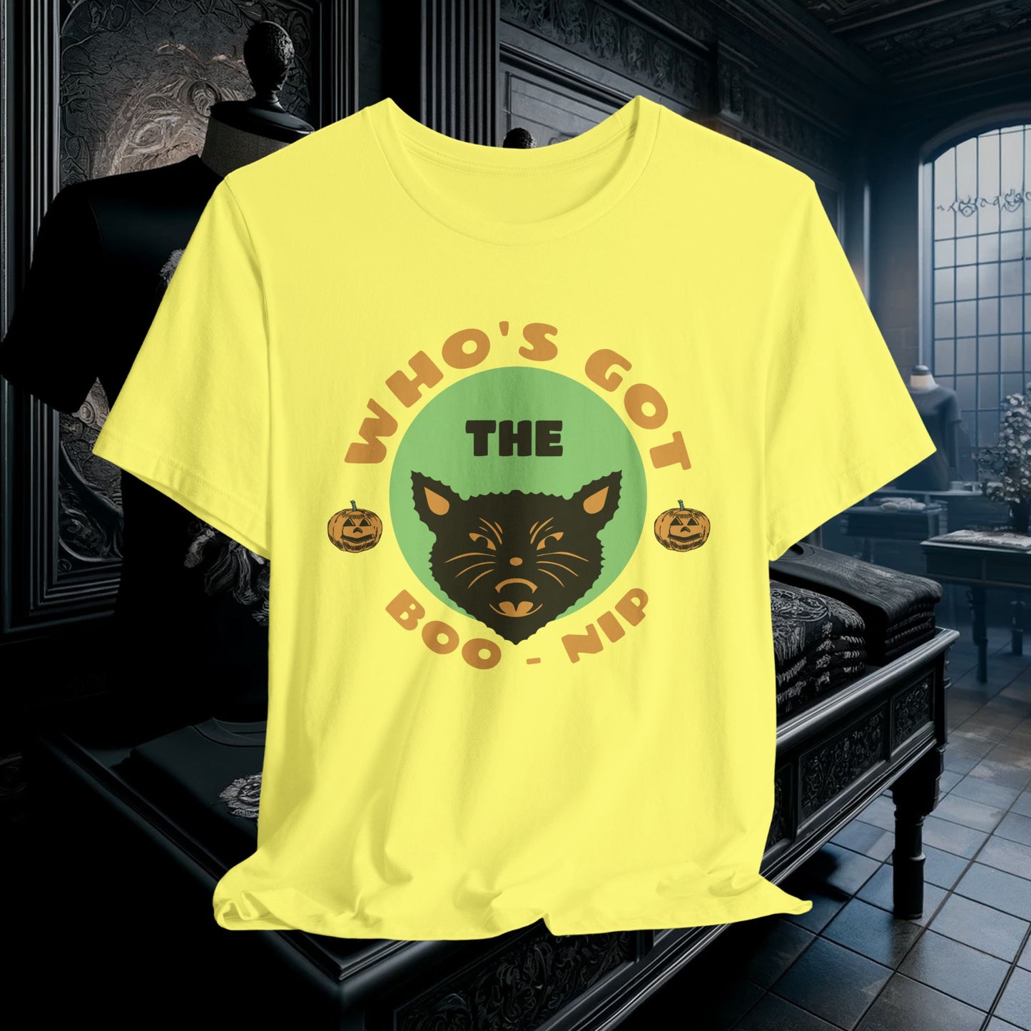 Vintage Who’s Got the Boo-Nip Halloween T-Shirt - Fun Cat & Pumpkin Design | Spooky Season Apparel