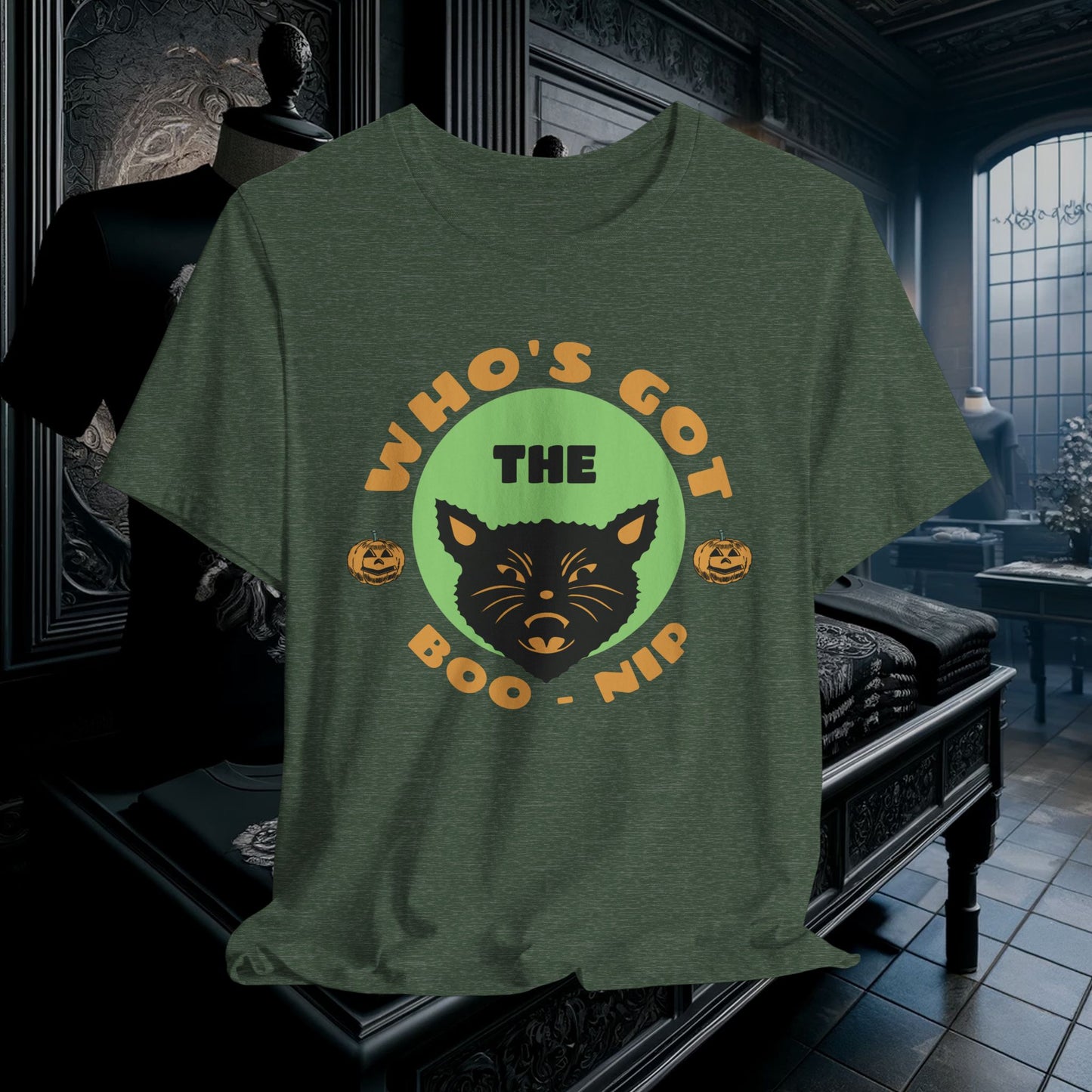 Vintage Who’s Got the Boo-Nip Halloween T-Shirt - Fun Cat & Pumpkin Design | Spooky Season Apparel