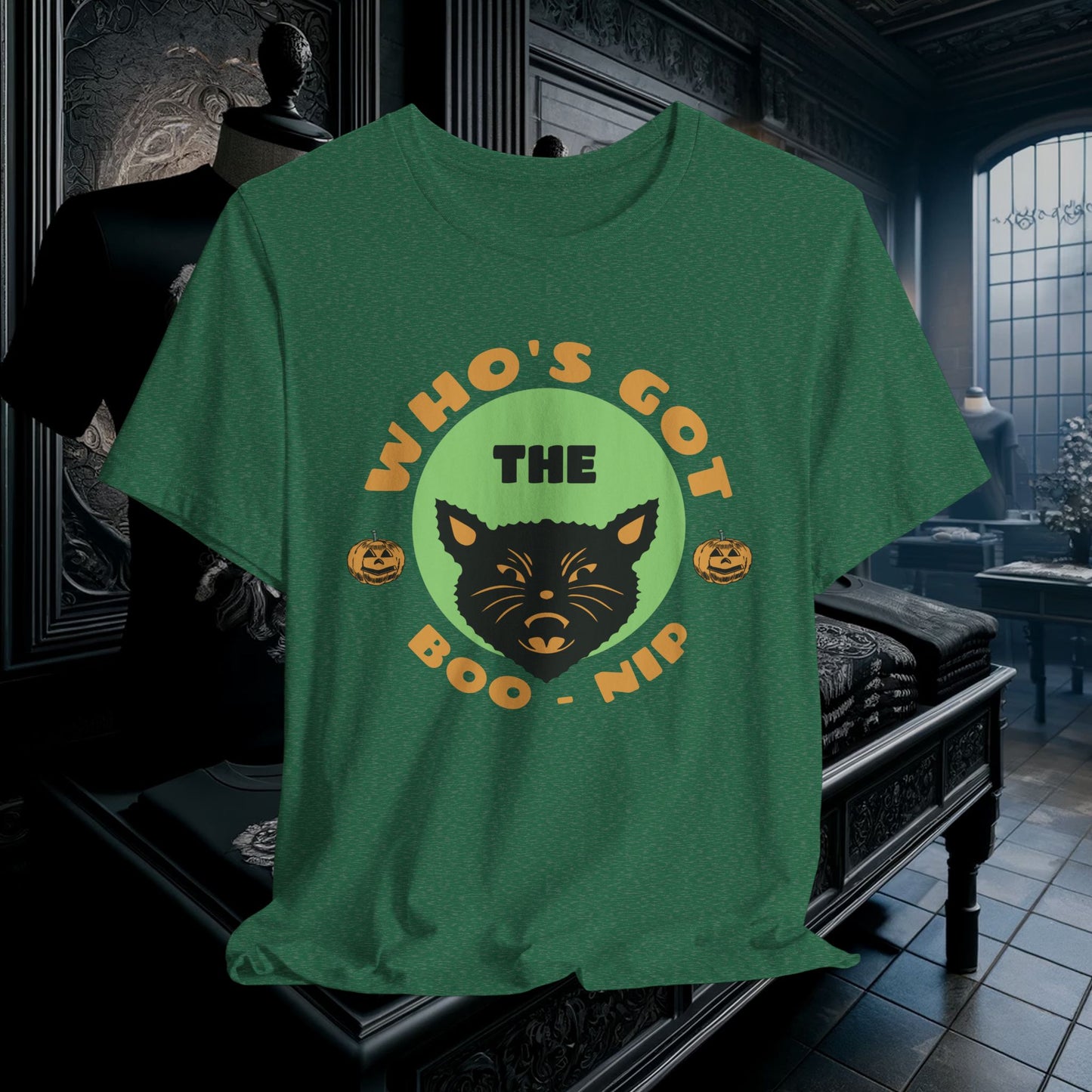 Vintage Who’s Got the Boo-Nip Halloween T-Shirt - Fun Cat & Pumpkin Design | Spooky Season Apparel