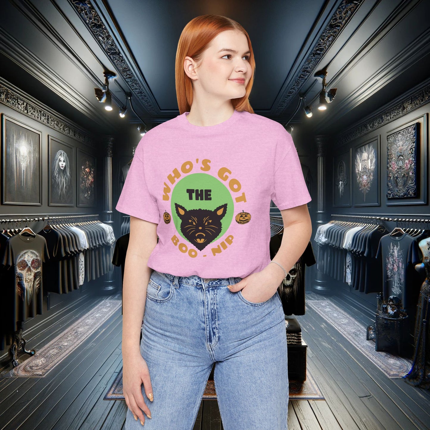Vintage Who’s Got the Boo-Nip Halloween T-Shirt - Fun Cat & Pumpkin Design | Spooky Season Apparel