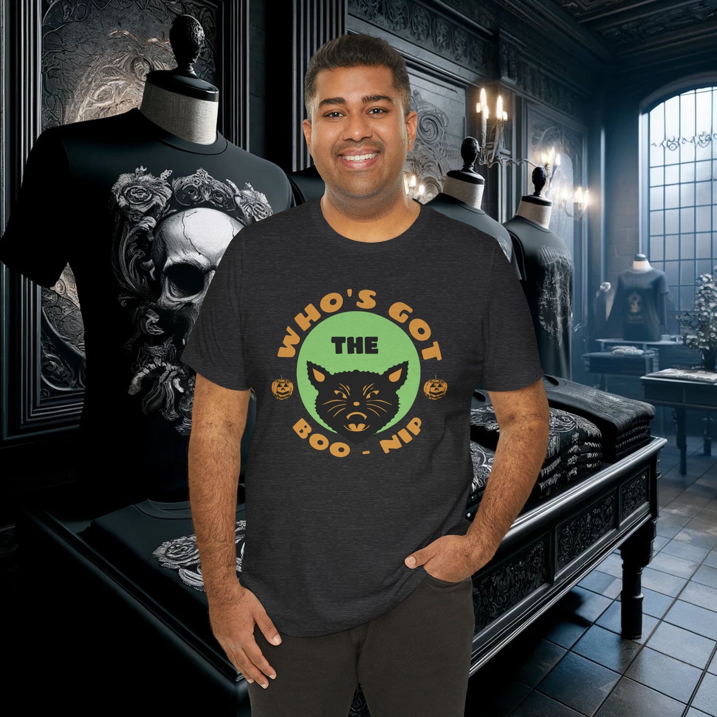Vintage Who’s Got the Boo-Nip Halloween T-Shirt - Fun Cat & Pumpkin Design | Spooky Season Apparel