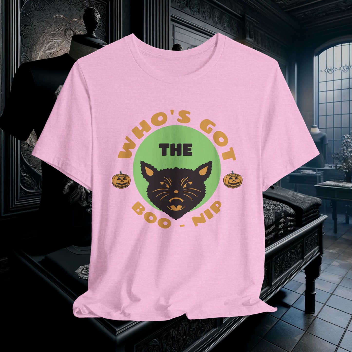 Vintage Who’s Got the Boo-Nip Halloween T-Shirt - Fun Cat & Pumpkin Design | Spooky Season Apparel