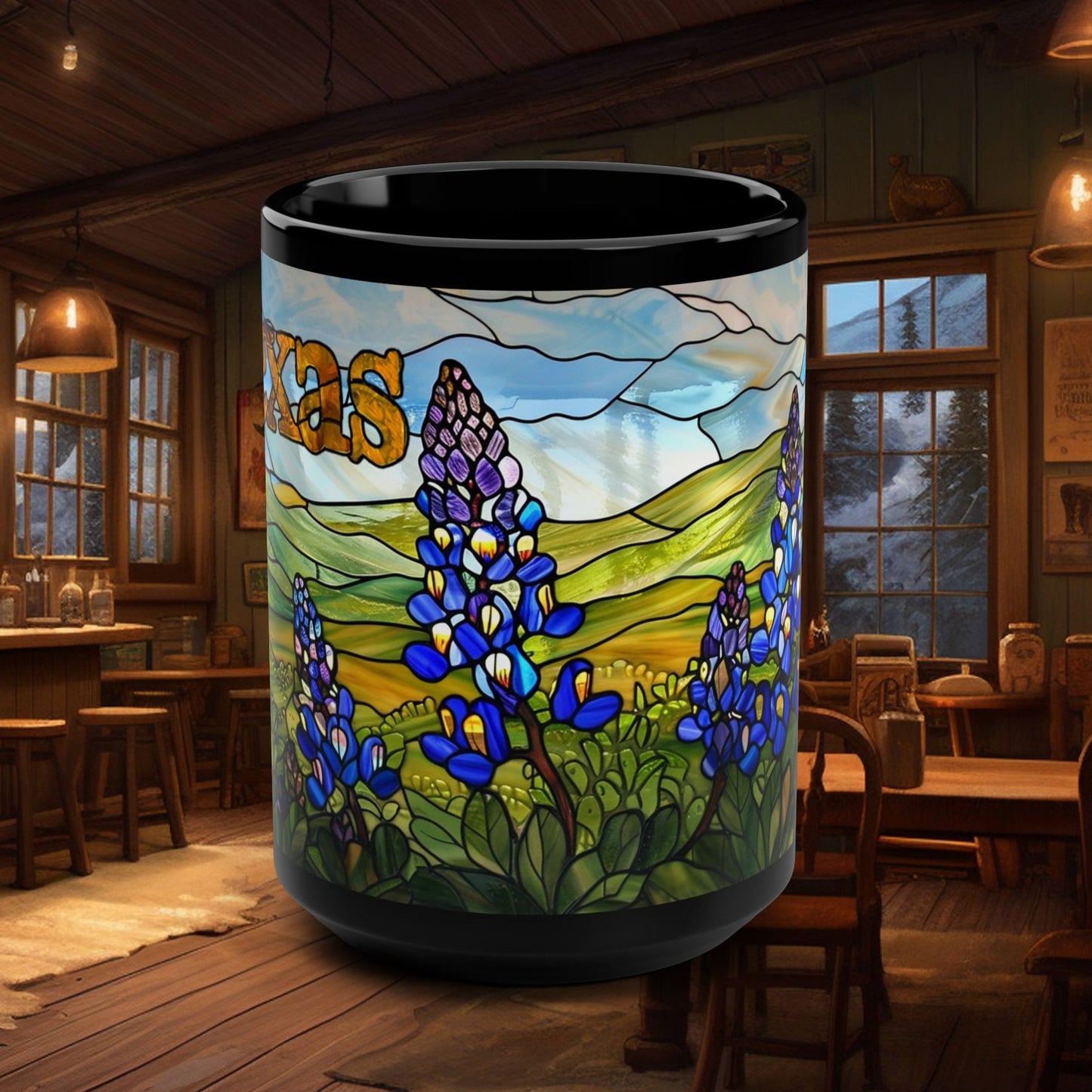 Texas Bluebonnet Mug – 15oz Stained Glass Style Amber Ceramic Mug