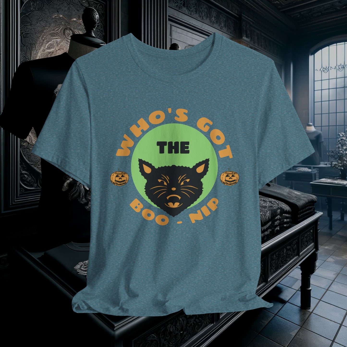 Vintage Who’s Got the Boo-Nip Halloween T-Shirt - Fun Cat & Pumpkin Design | Spooky Season Apparel
