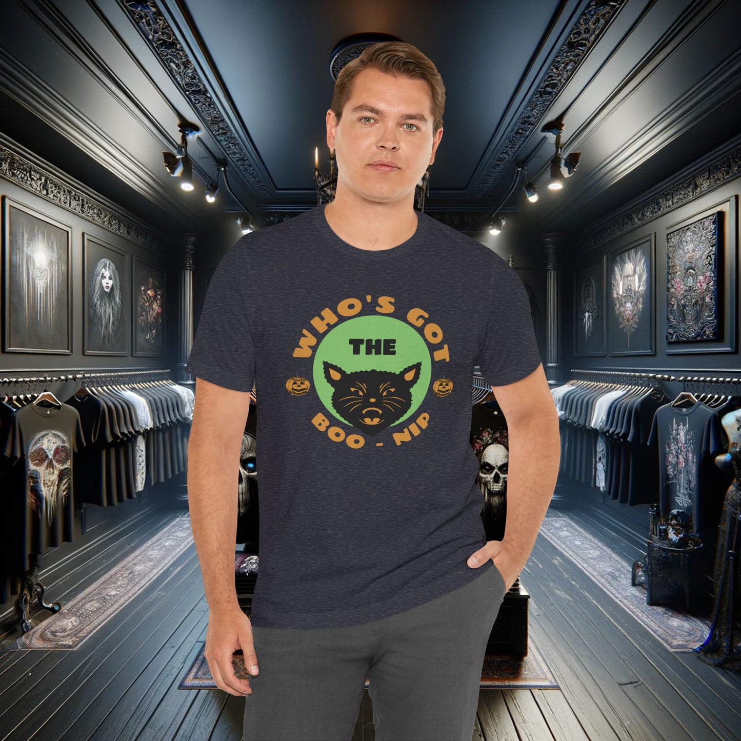 Vintage Who’s Got the Boo-Nip Halloween T-Shirt - Fun Cat & Pumpkin Design | Spooky Season Apparel