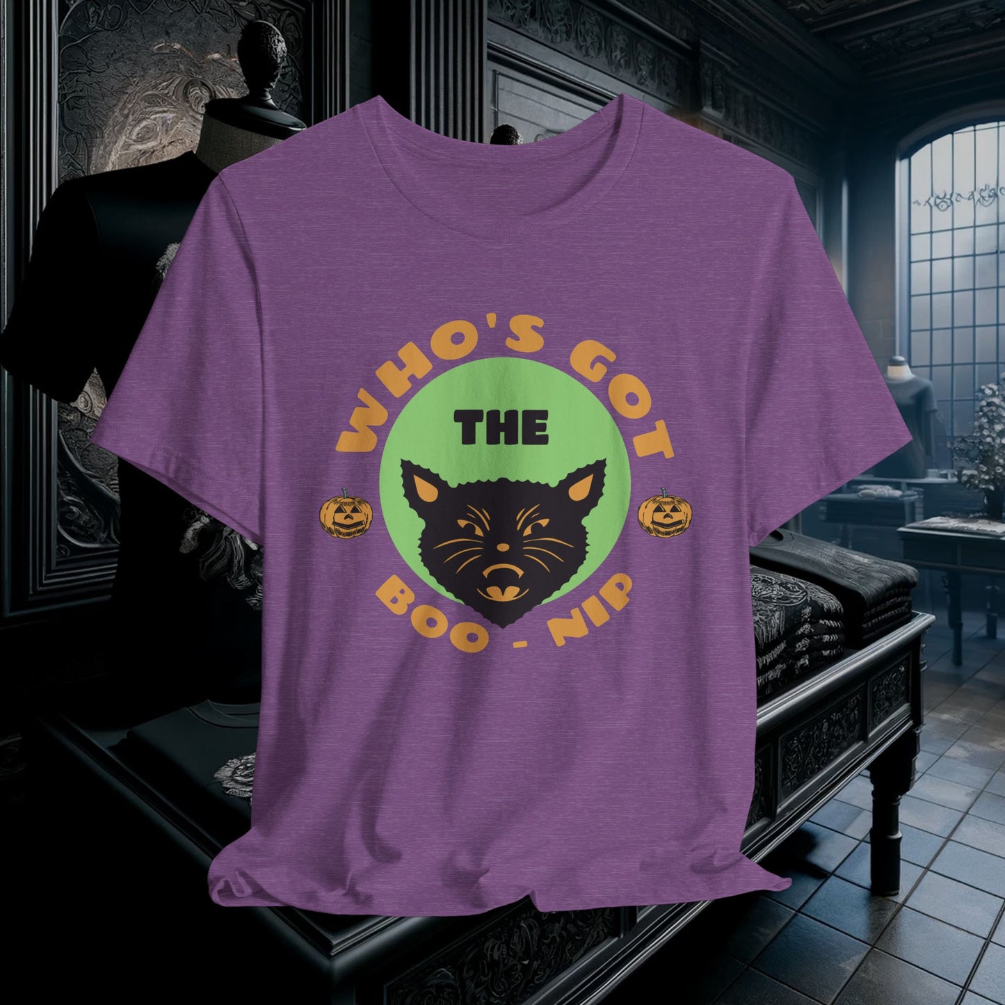 Vintage Who’s Got the Boo-Nip Halloween T-Shirt - Fun Cat & Pumpkin Design | Spooky Season Apparel