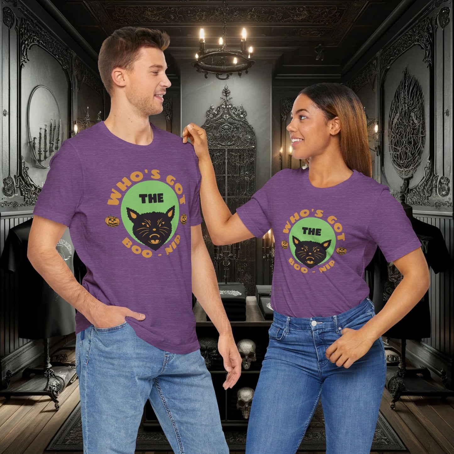Vintage Who’s Got the Boo-Nip Halloween T-Shirt - Fun Cat & Pumpkin Design | Spooky Season Apparel