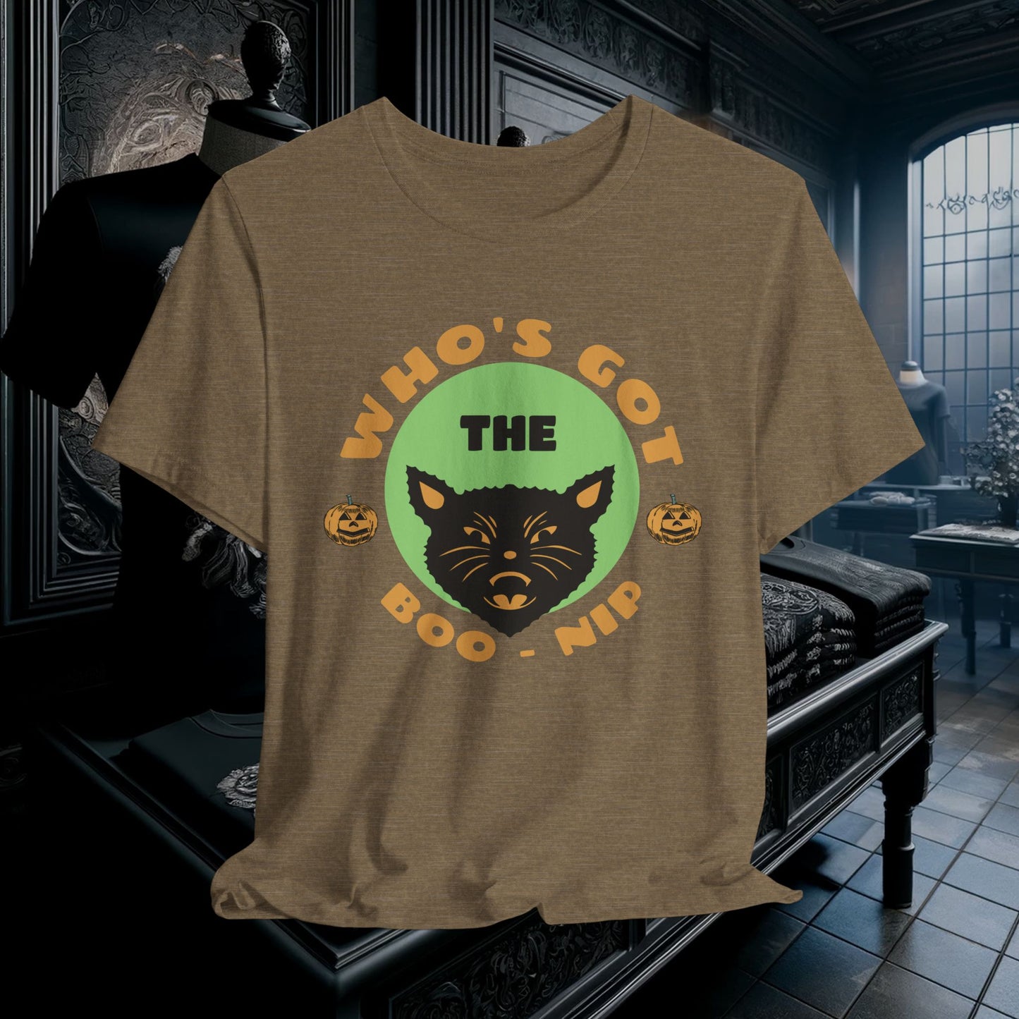 Vintage Who’s Got the Boo-Nip Halloween T-Shirt - Fun Cat & Pumpkin Design | Spooky Season Apparel