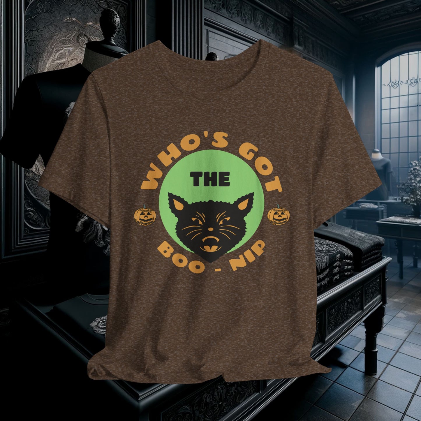 Vintage Who’s Got the Boo-Nip Halloween T-Shirt - Fun Cat & Pumpkin Design | Spooky Season Apparel