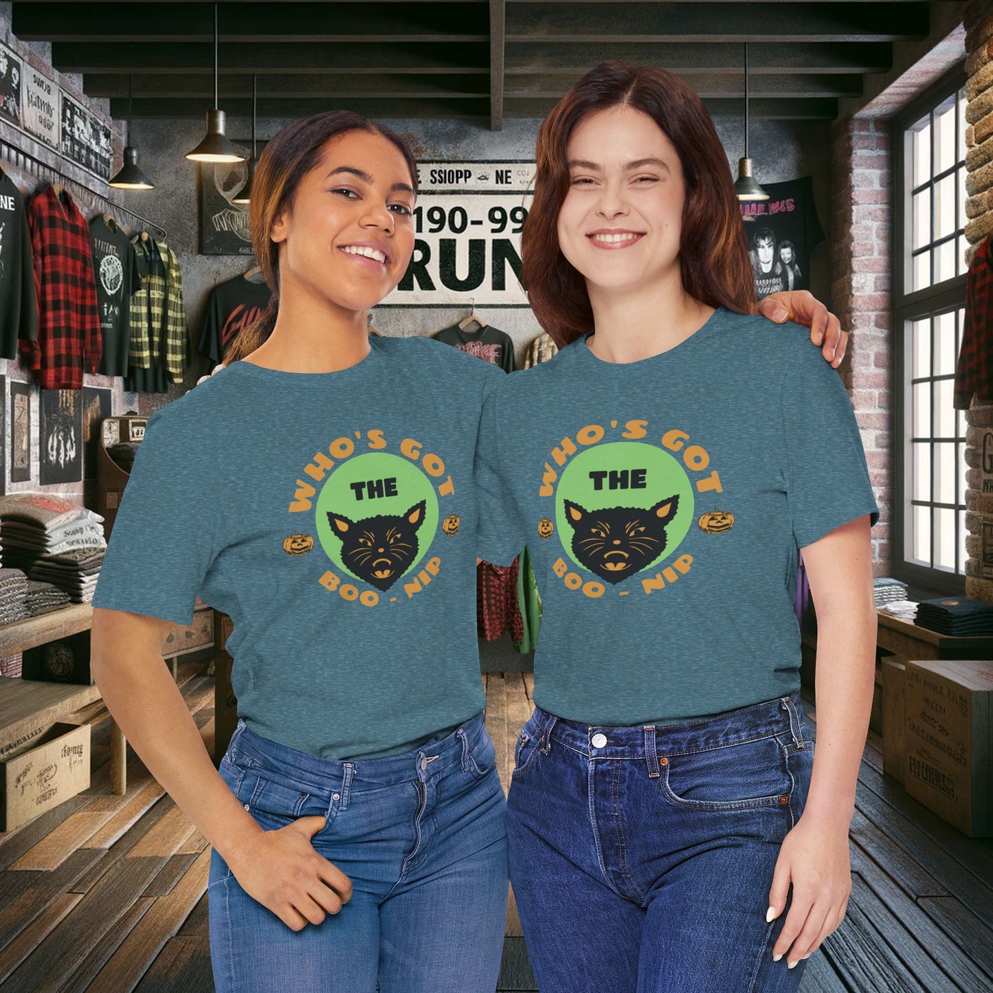Vintage Who’s Got the Boo-Nip Halloween T-Shirt - Fun Cat & Pumpkin Design | Spooky Season Apparel