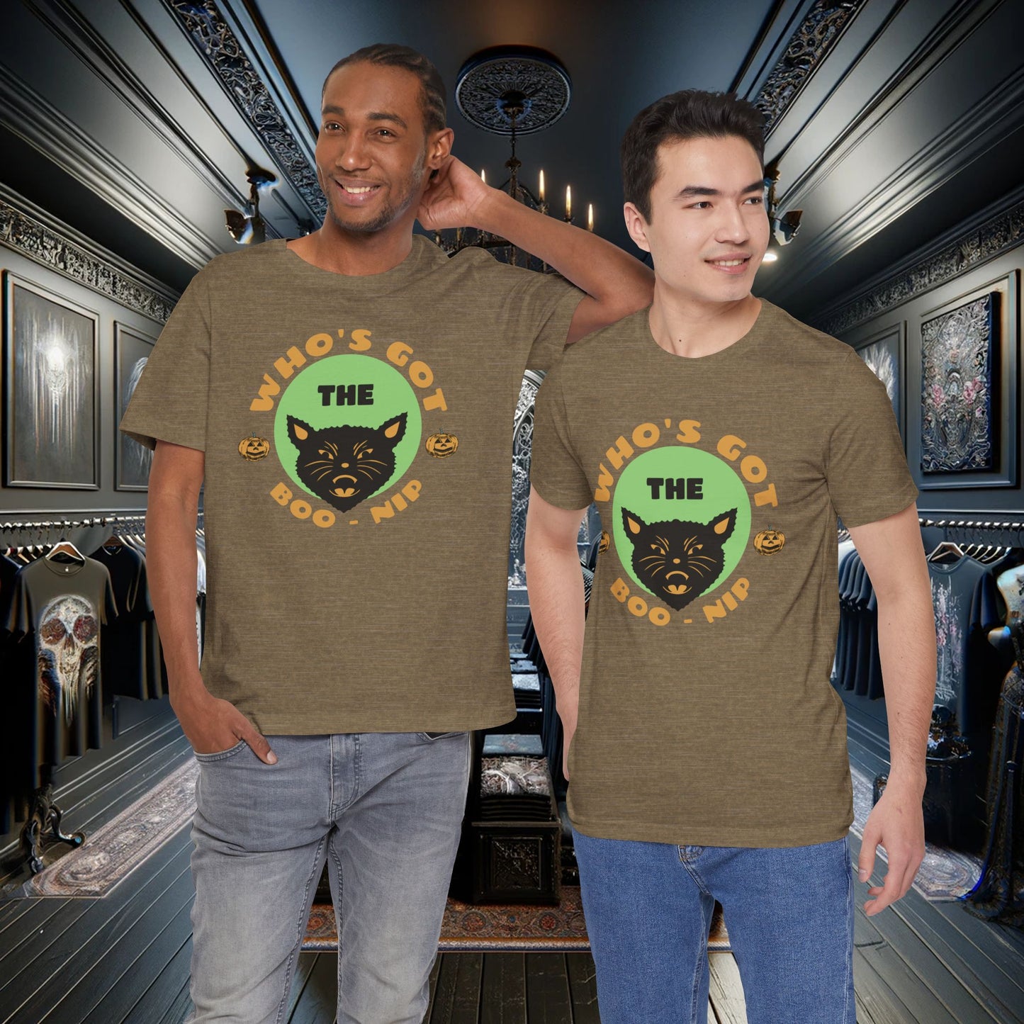 Vintage Who’s Got the Boo-Nip Halloween T-Shirt - Fun Cat & Pumpkin Design | Spooky Season Apparel