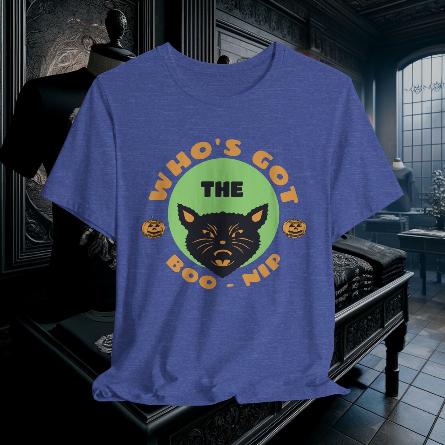 Vintage Who’s Got the Boo-Nip Halloween T-Shirt - Fun Cat & Pumpkin Design | Spooky Season Apparel