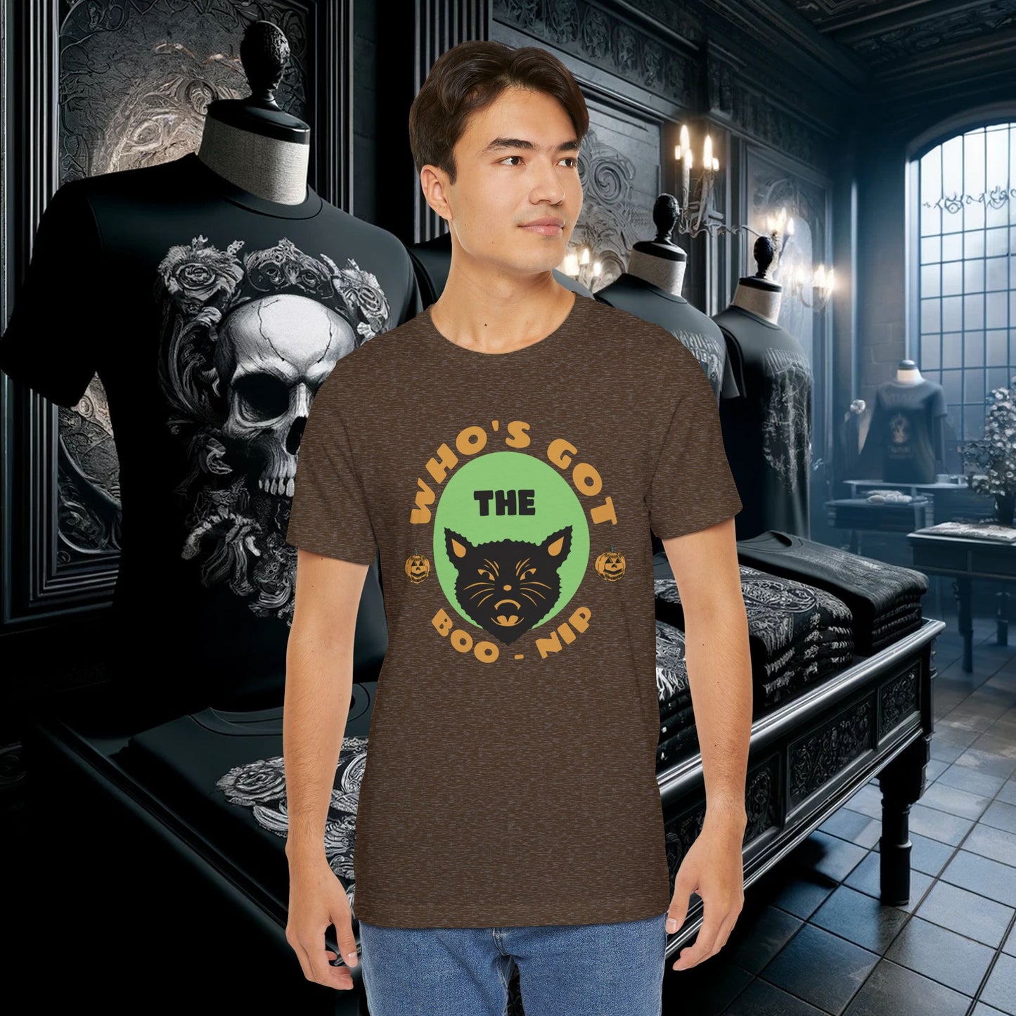 Vintage Who’s Got the Boo-Nip Halloween T-Shirt - Fun Cat & Pumpkin Design | Spooky Season Apparel