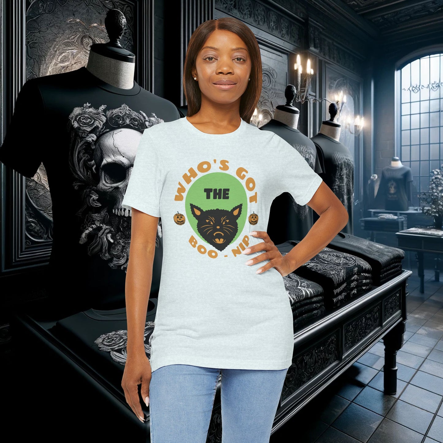 Vintage Who’s Got the Boo-Nip Halloween T-Shirt - Fun Cat & Pumpkin Design | Spooky Season Apparel