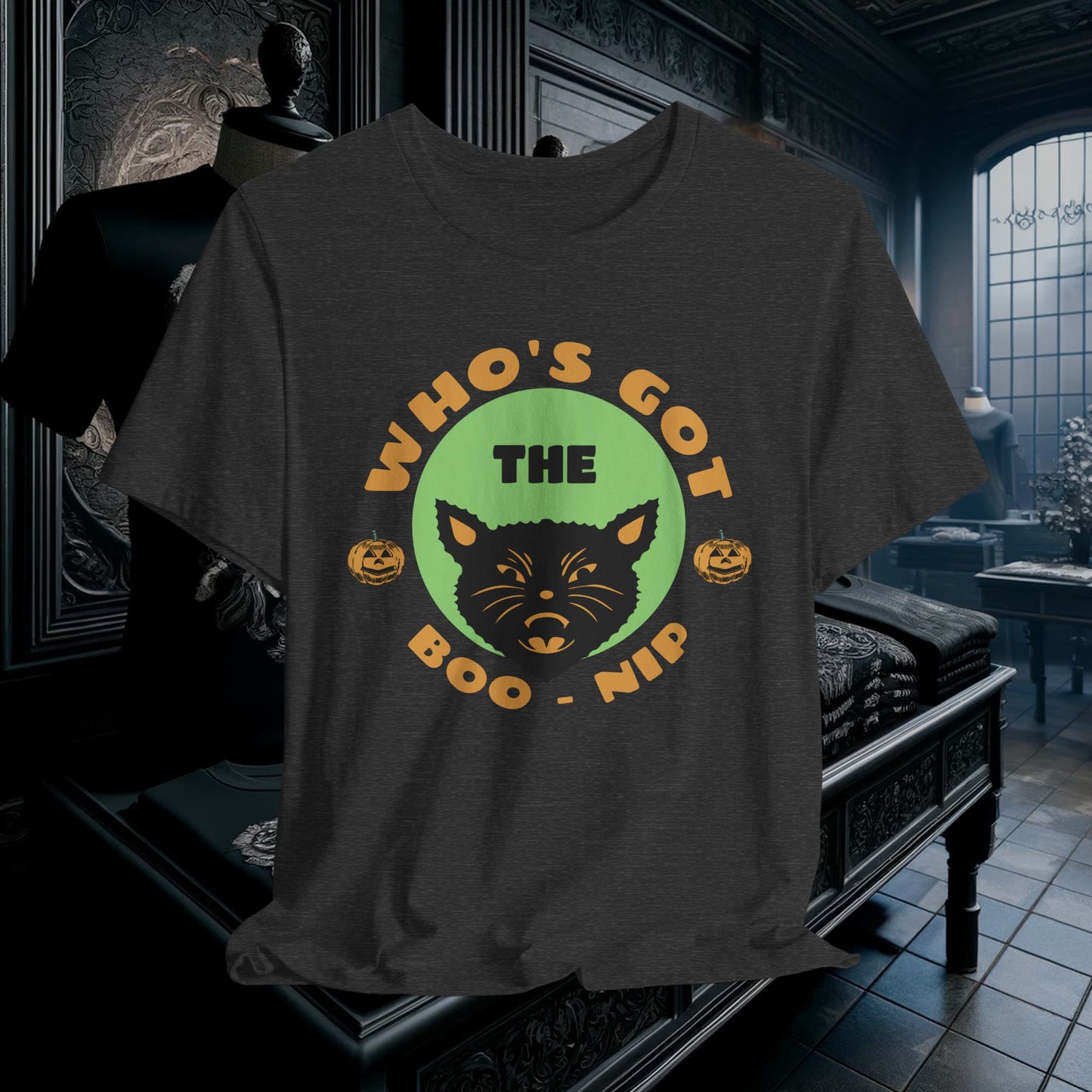 Vintage Who’s Got the Boo-Nip Halloween T-Shirt - Fun Cat & Pumpkin Design | Spooky Season Apparel