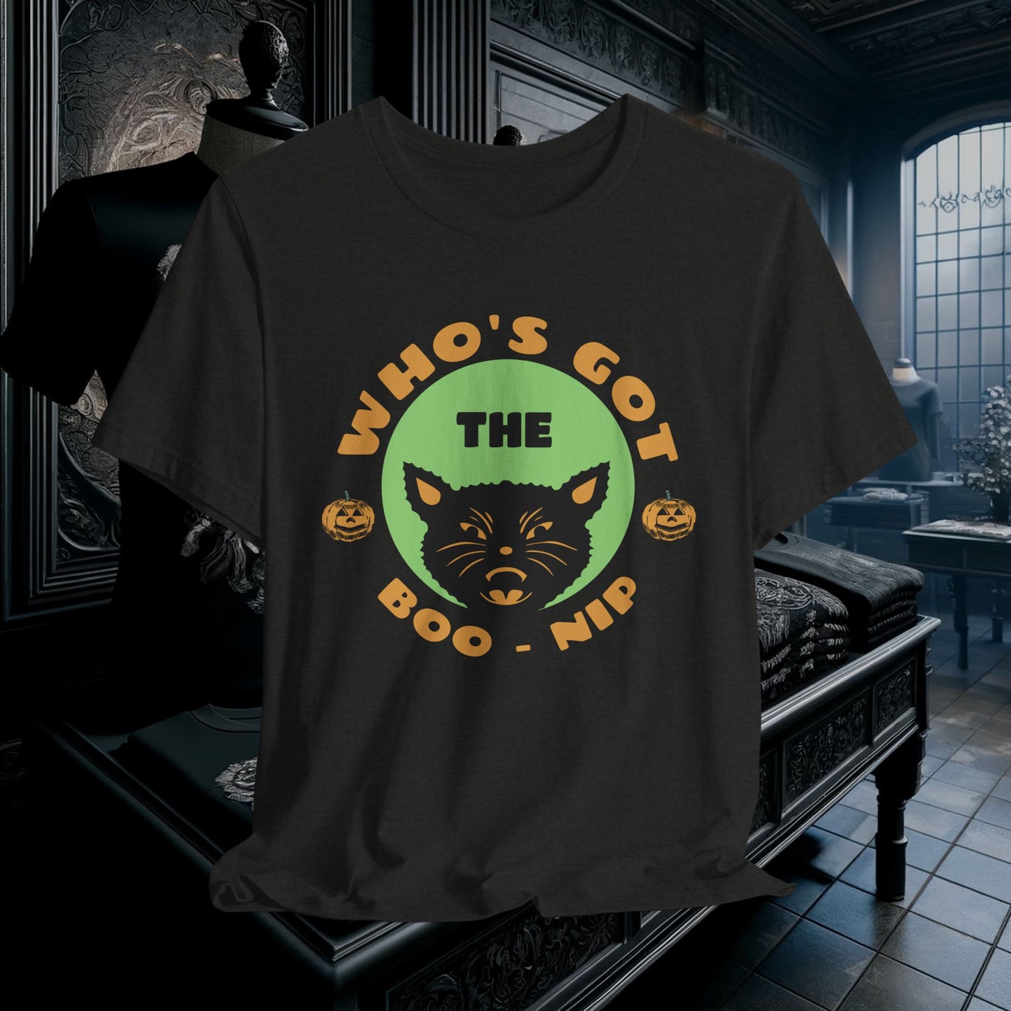 Vintage Who’s Got the Boo-Nip Halloween T-Shirt - Fun Cat & Pumpkin Design | Spooky Season Apparel