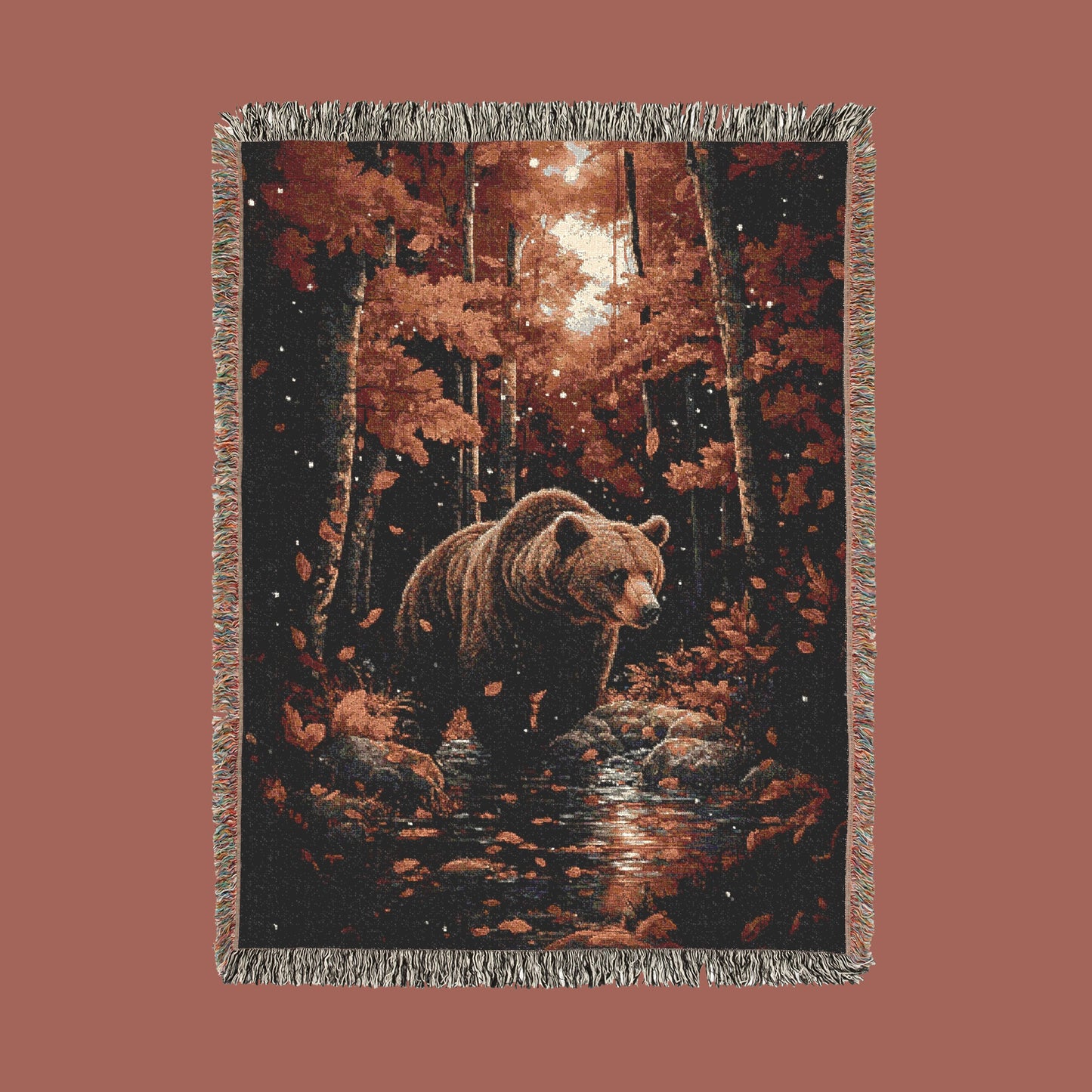 Majestic Autumn Grizzly Woven Blanket - Rustic Wildlife Tapestry