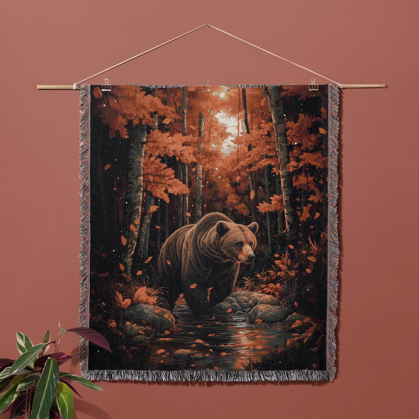 Majestic Autumn Grizzly Woven Blanket - Rustic Wildlife Tapestry
