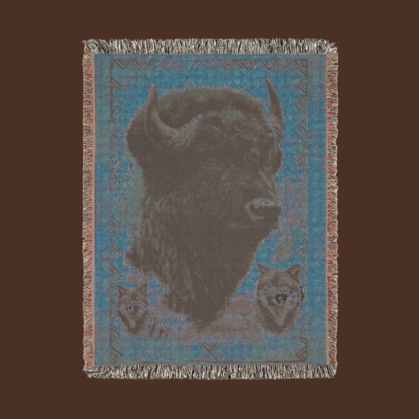 Majestic Bison & Wolves Woven Blanket - Rustic Wildlife Tapestry