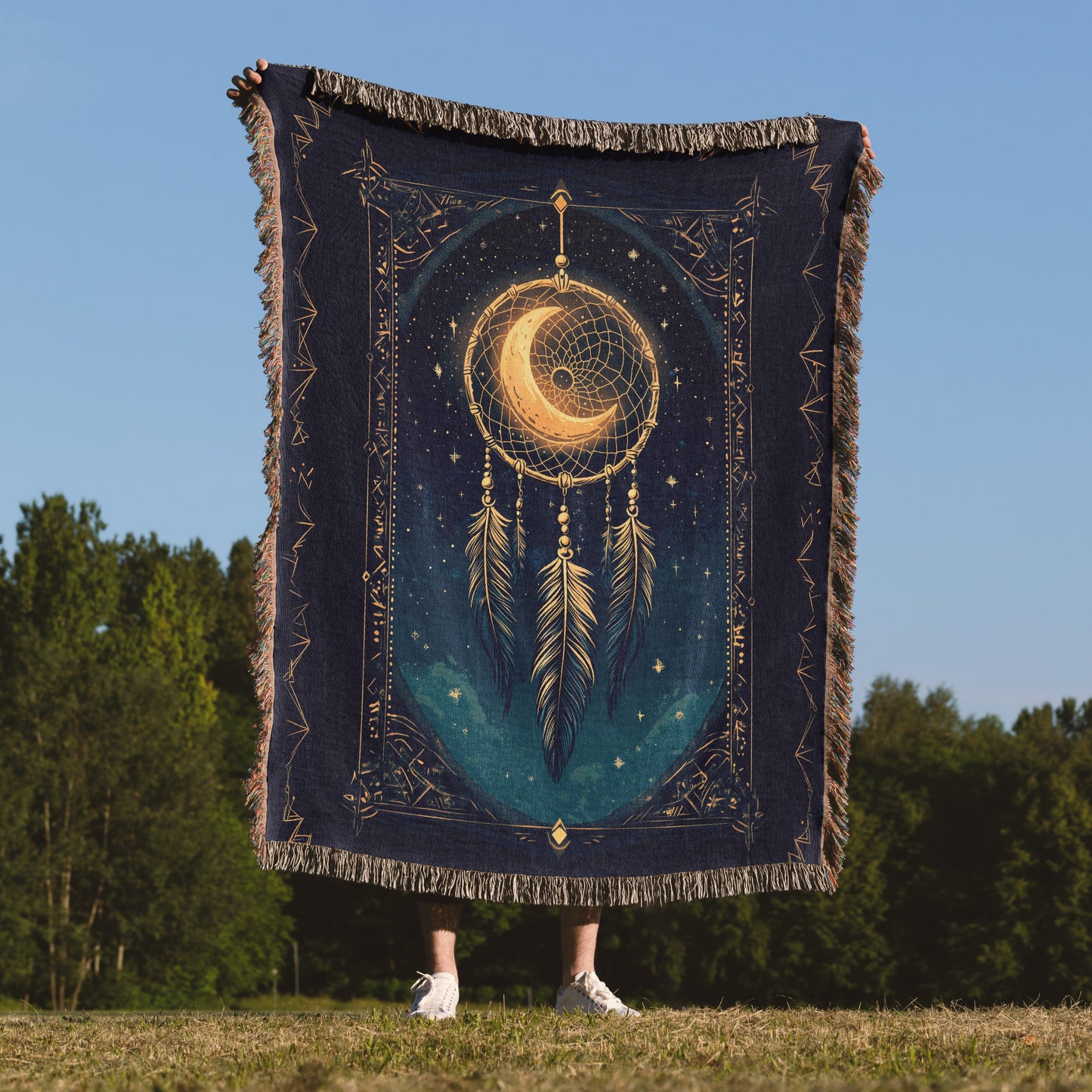 Celestial Dreamcatcher Woven Blanket - Mystical Moon & Stars Tapestry