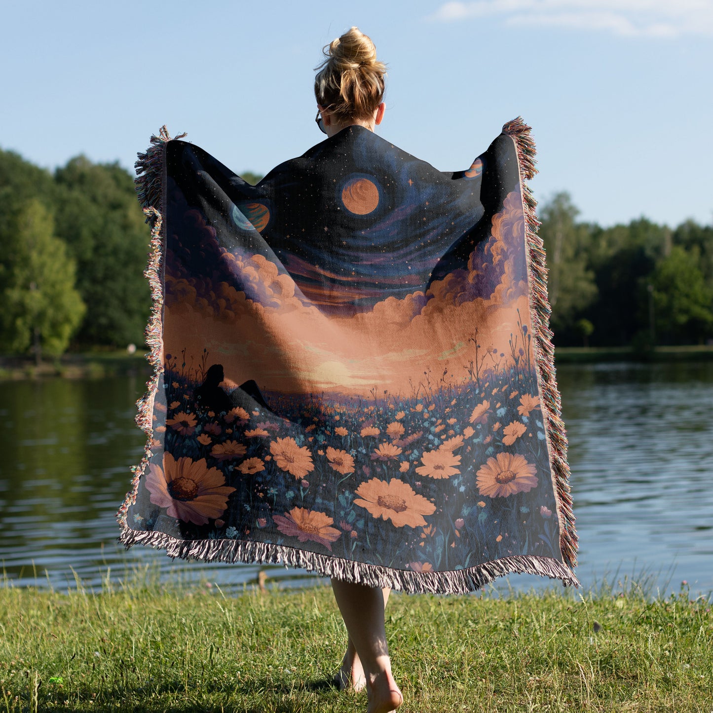 π Cosmic Daydream Woven Blanket - Surreal Galaxy & Floral Tapestry