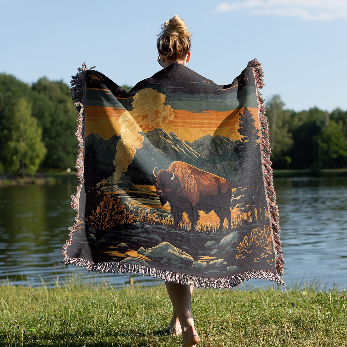 Yellowstone Buffalo Woven Blanket - Rustic Western Wildlife Tapestry