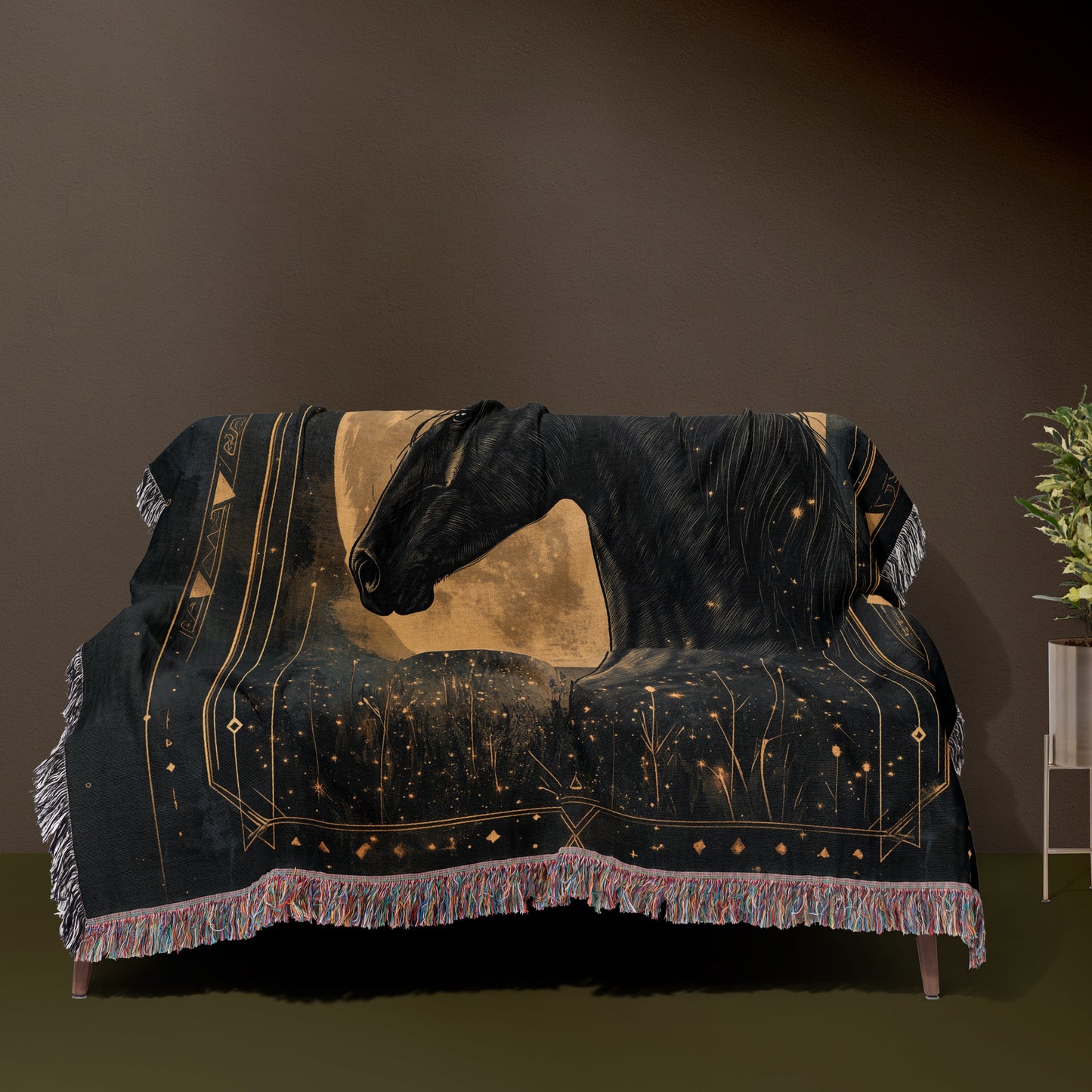 Enchanted Black Horse Woven Blanket - Moonlit Equestrian Tapestry