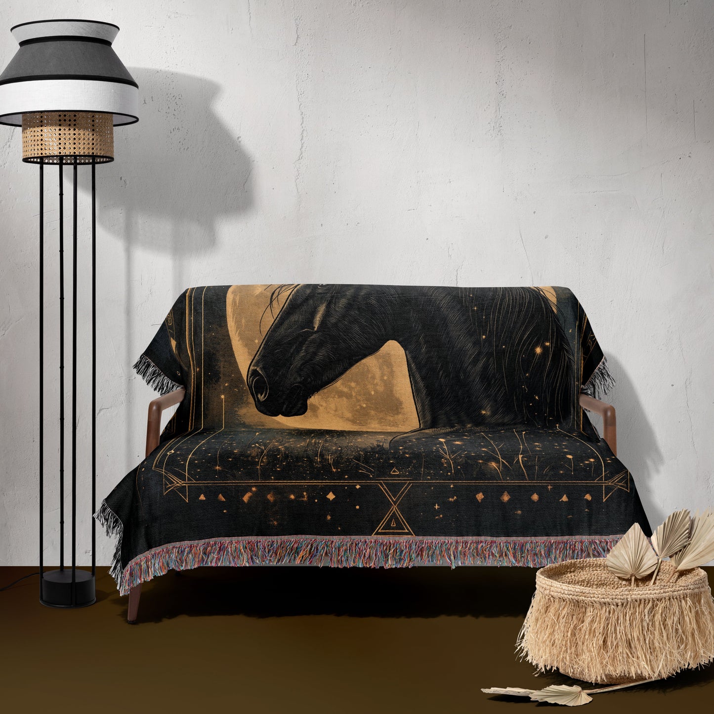 Enchanted Black Horse Woven Blanket - Moonlit Equestrian Tapestry