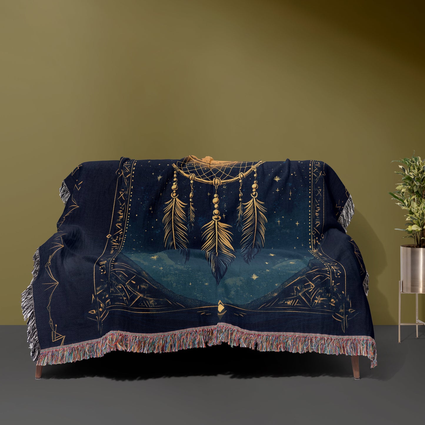 Celestial Dreamcatcher Woven Blanket - Mystical Moon & Stars Tapestry