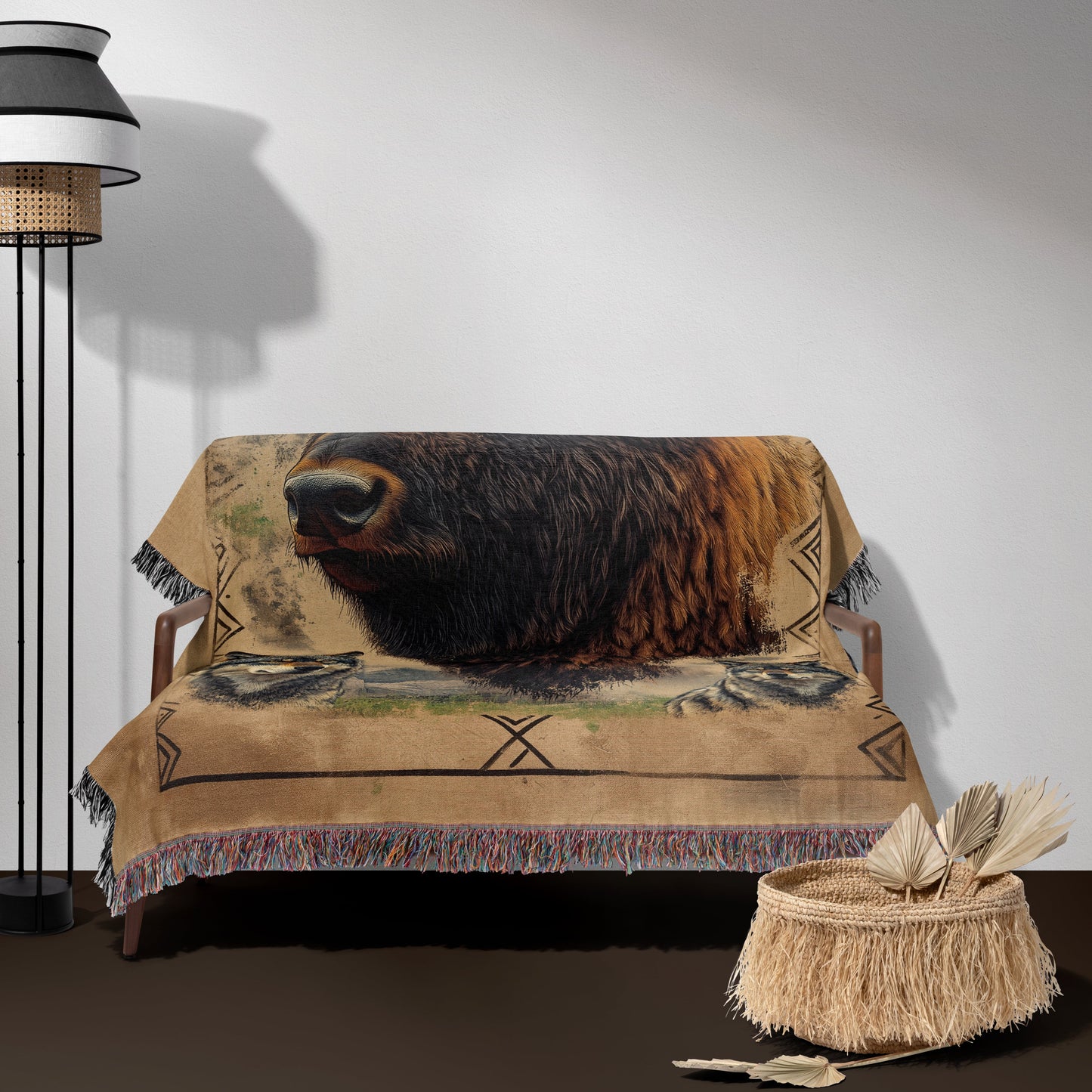 Majestic Bison & Wolves Woven Blanket - Rustic Wildlife Tapestry