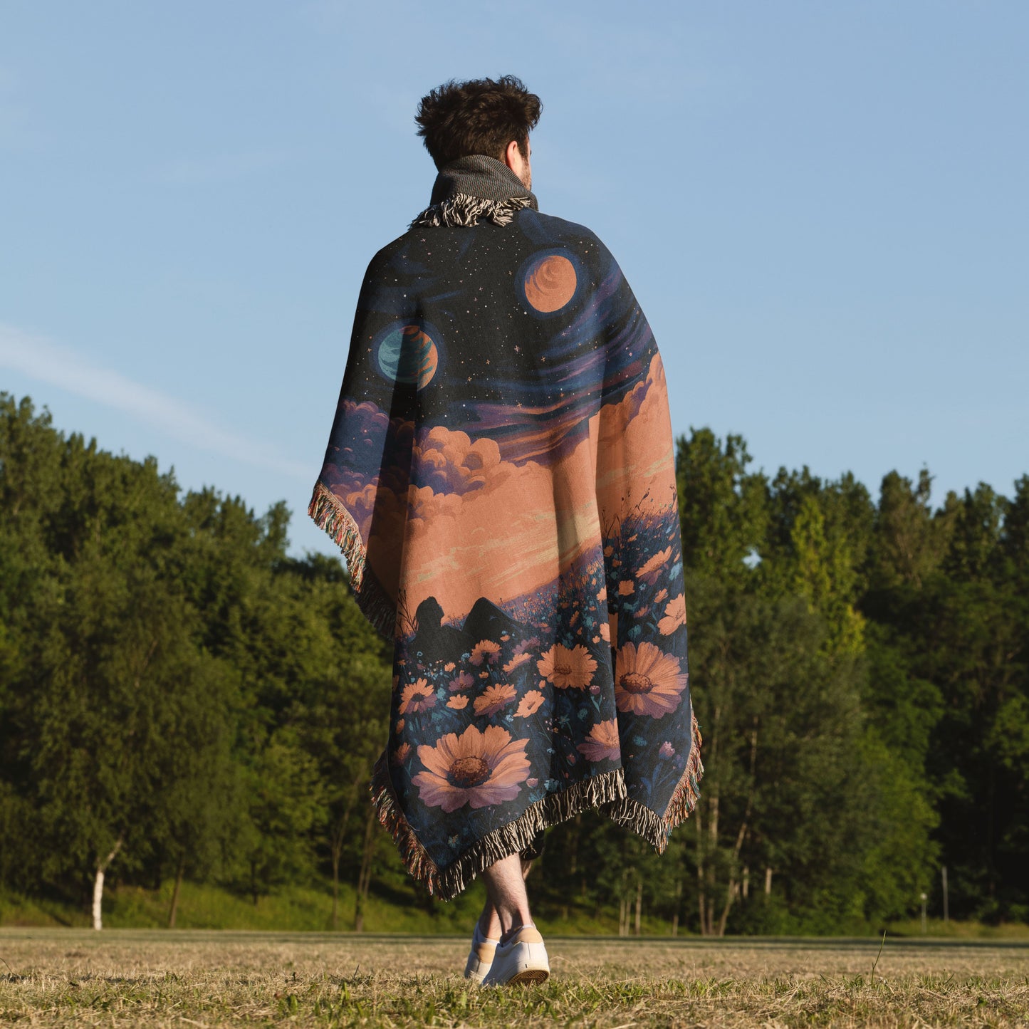 π Cosmic Daydream Woven Blanket - Surreal Galaxy & Floral Tapestry