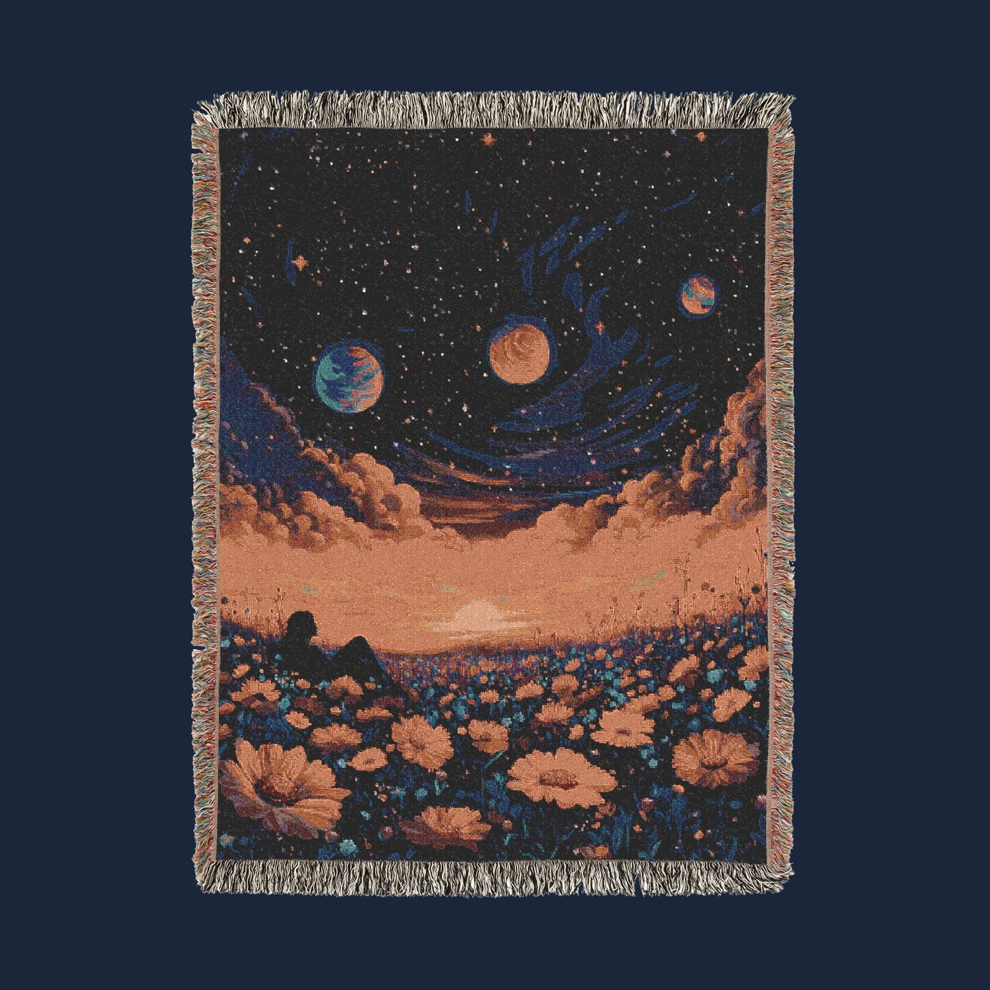 π Cosmic Daydream Woven Blanket - Surreal Galaxy & Floral Tapestry