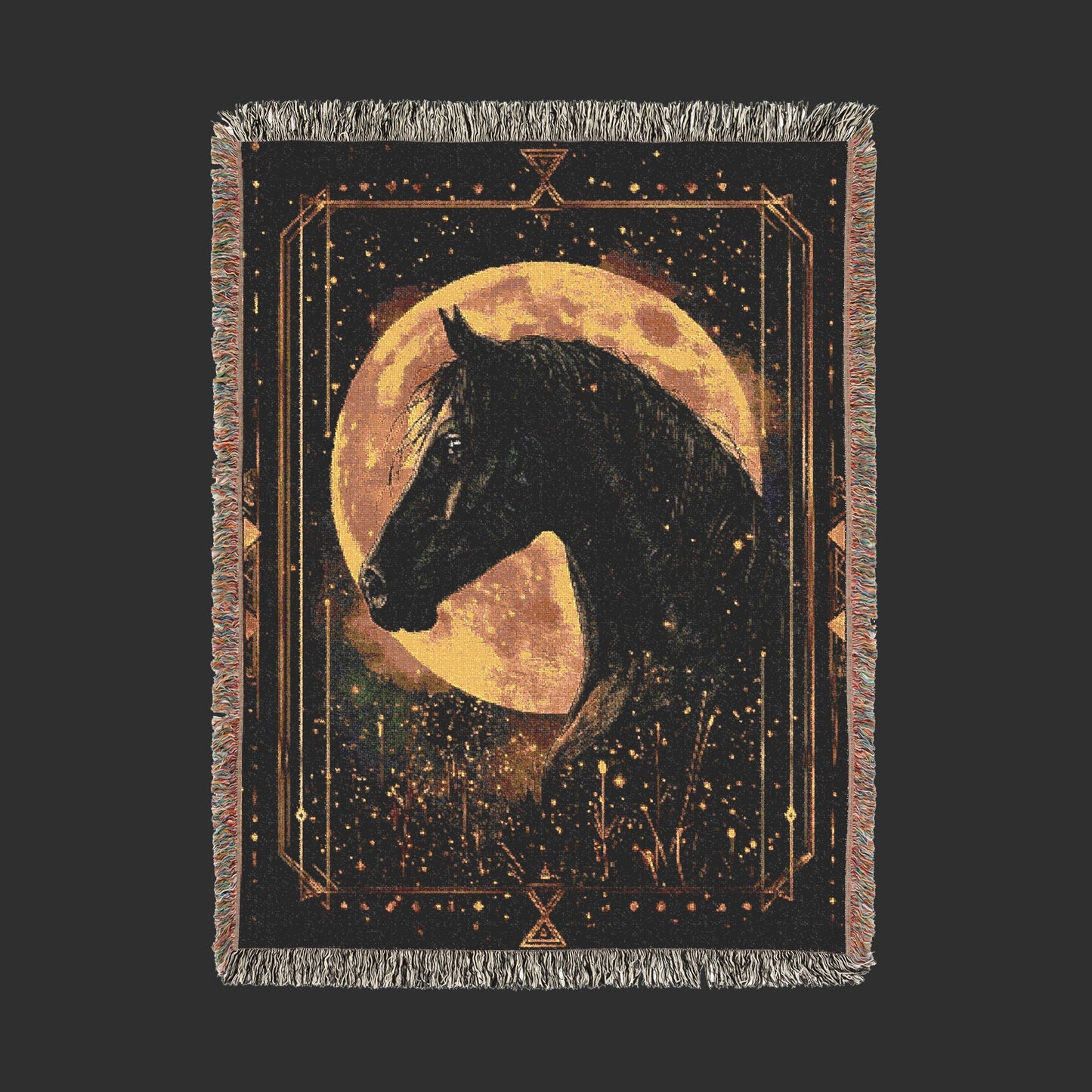 Enchanted Black Horse Woven Blanket - Moonlit Equestrian Tapestry