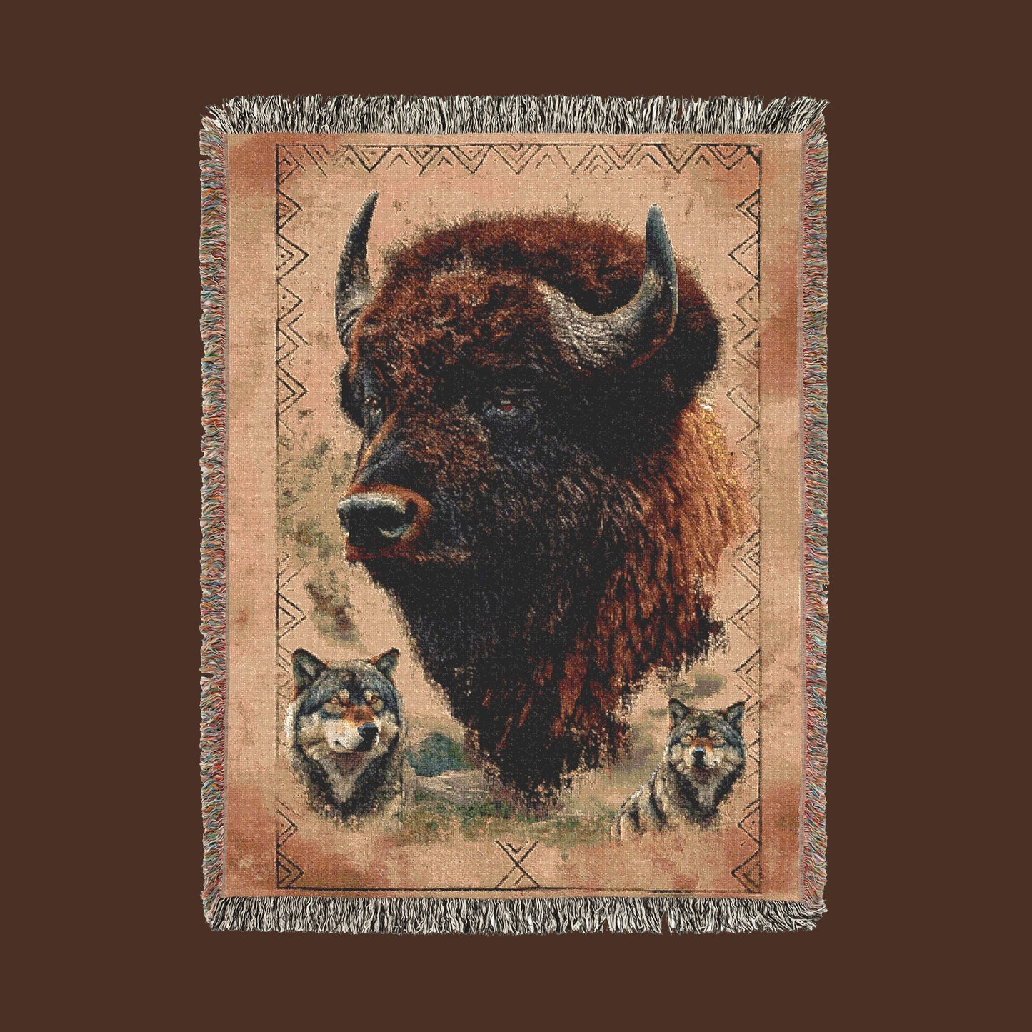 Majestic Bison & Wolves Woven Blanket - Rustic Wildlife Tapestry