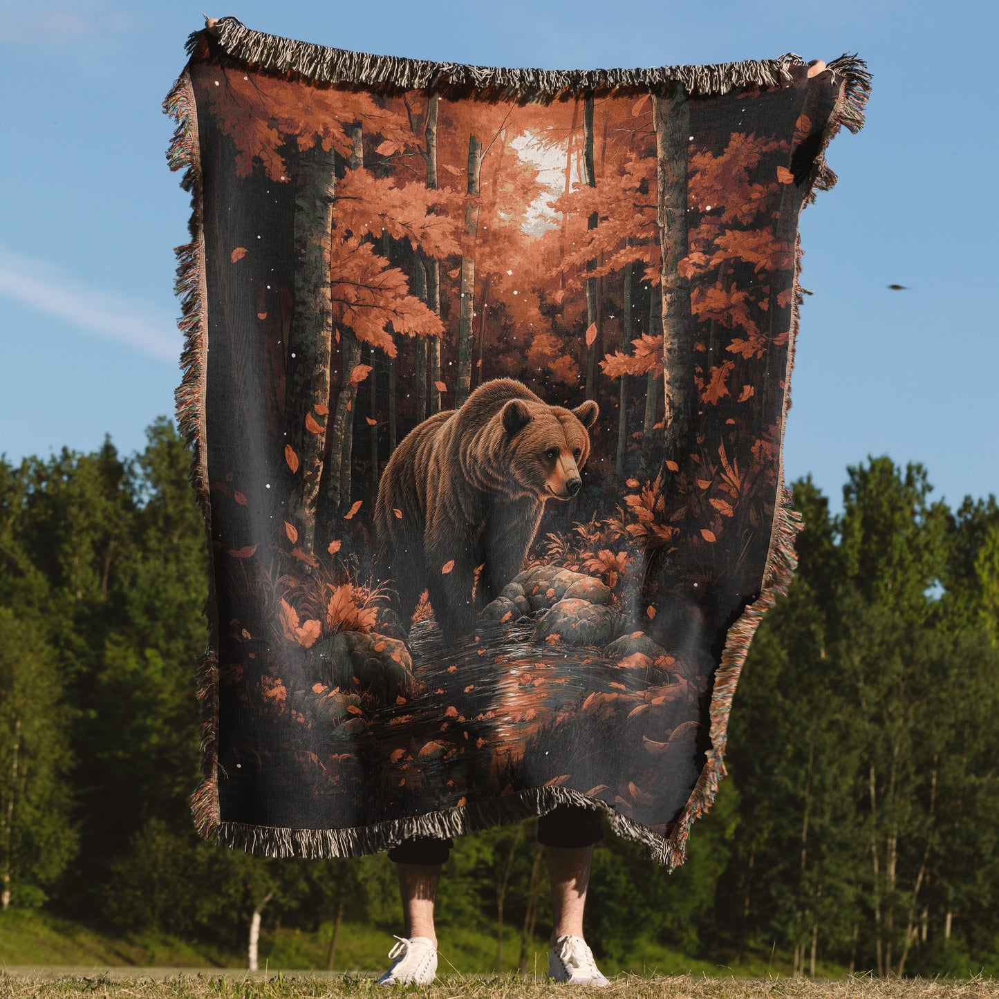 Majestic Autumn Grizzly Woven Blanket - Rustic Wildlife Tapestry