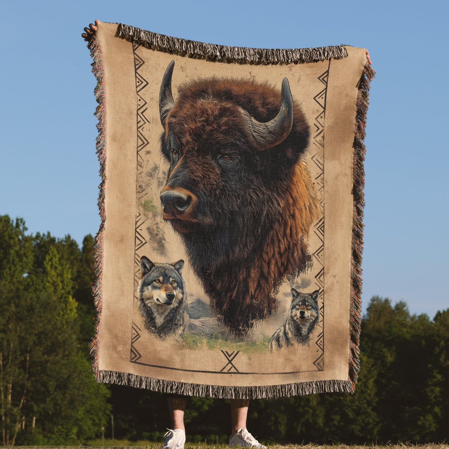 Majestic Bison & Wolves Woven Blanket - Rustic Wildlife Tapestry