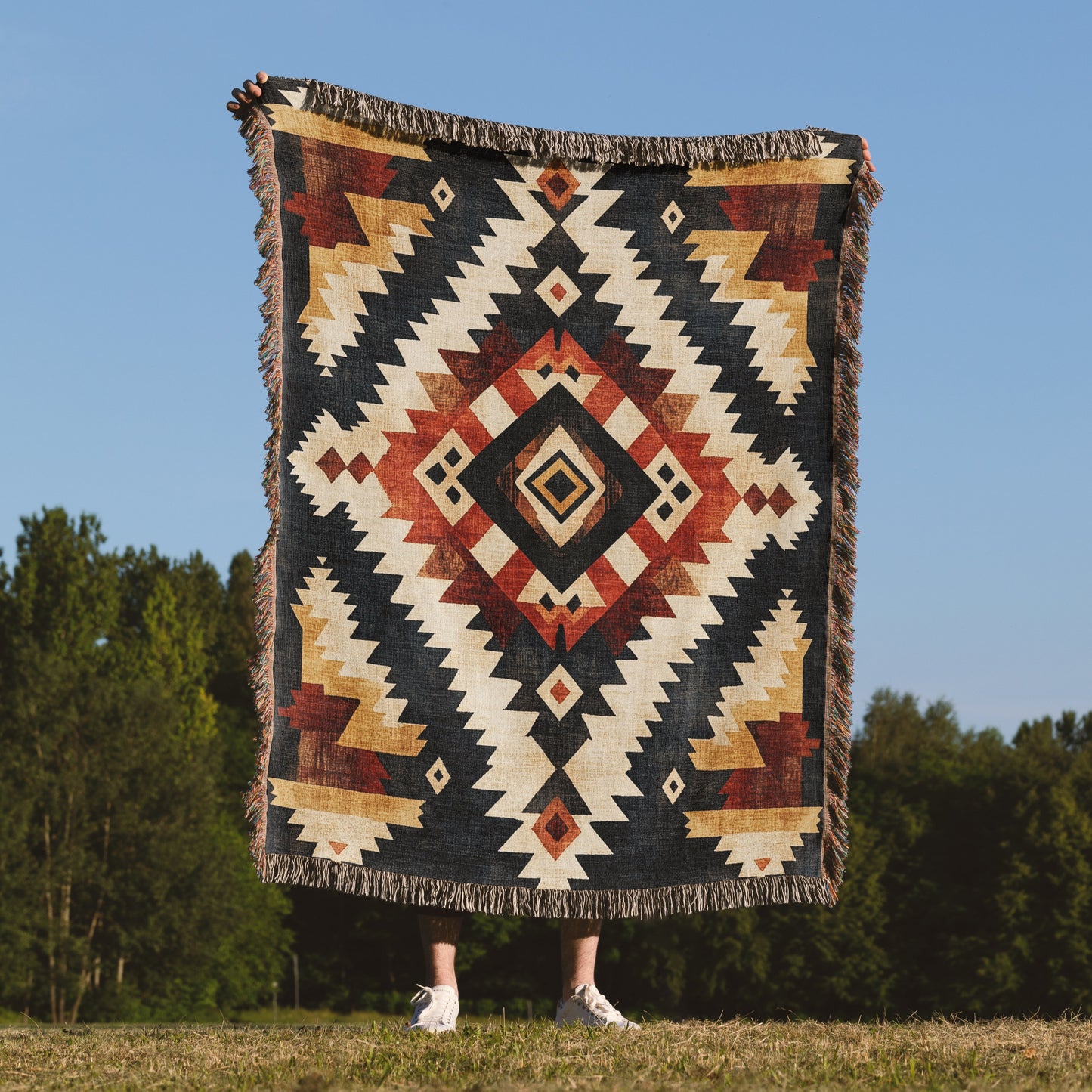 Southwestern Tribal Woven Blanket - Rustic Boho Geometric Tapestry
