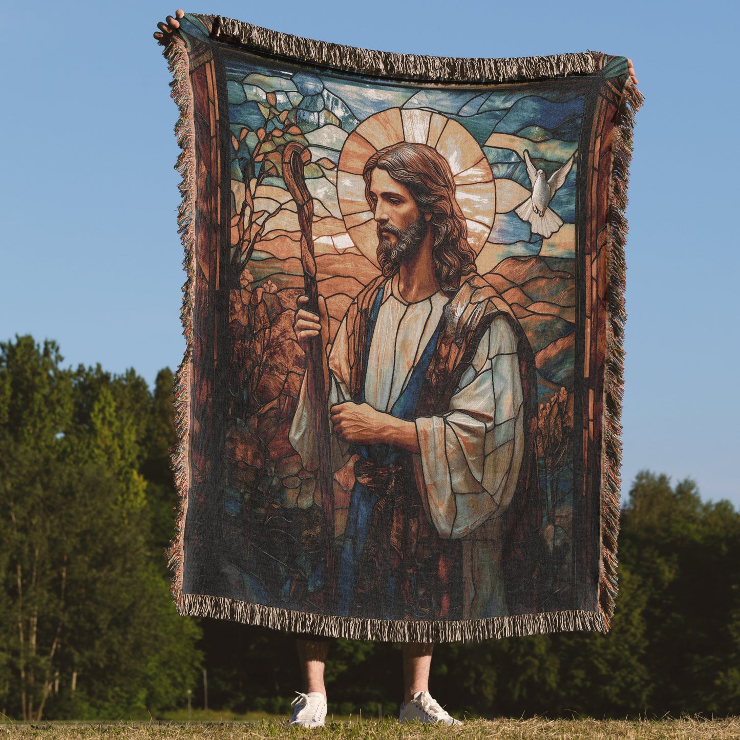 ๐ Stained Glass Jesus Woven Blanket - Inspirational Christian Tapestry