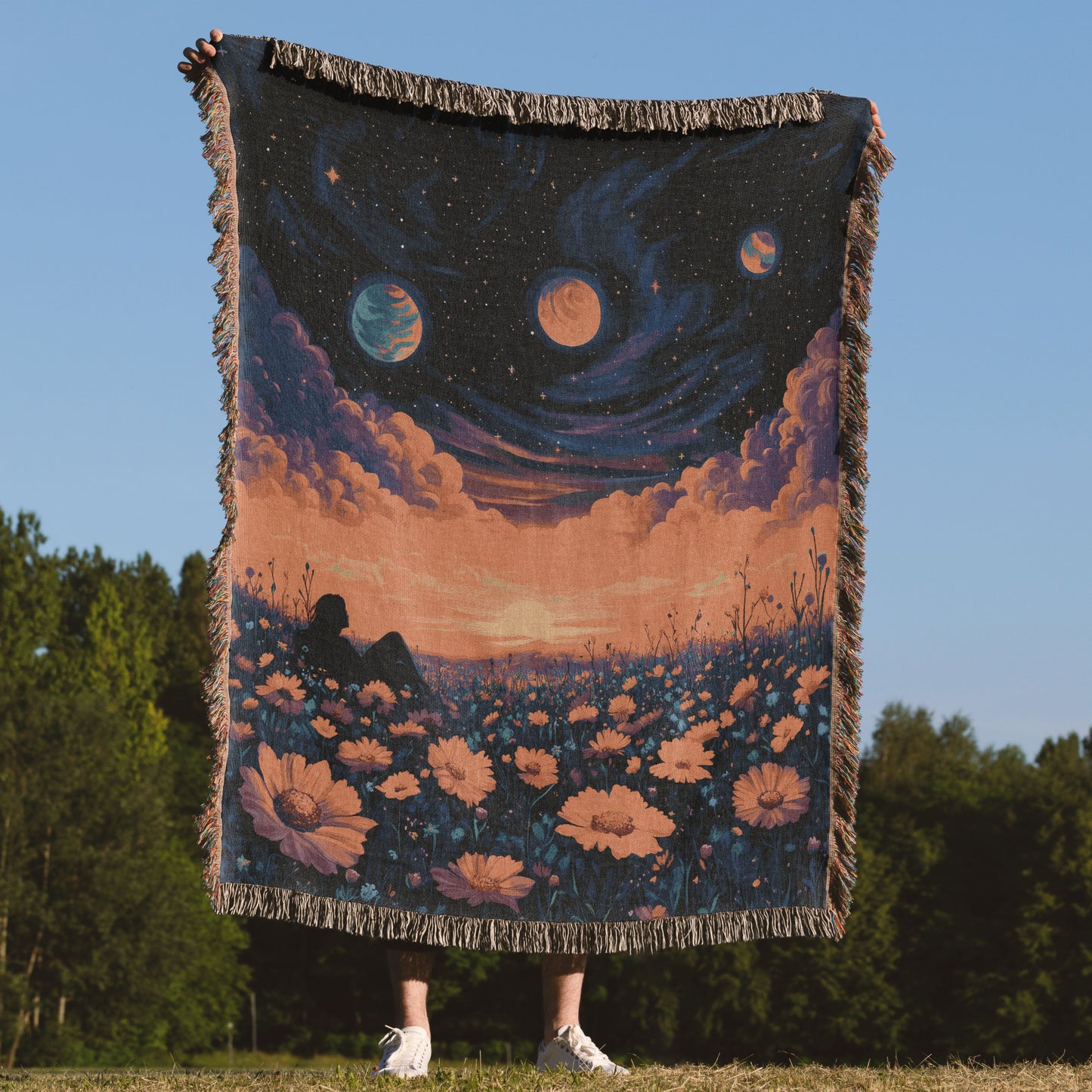 π Cosmic Daydream Woven Blanket - Surreal Galaxy & Floral Tapestry