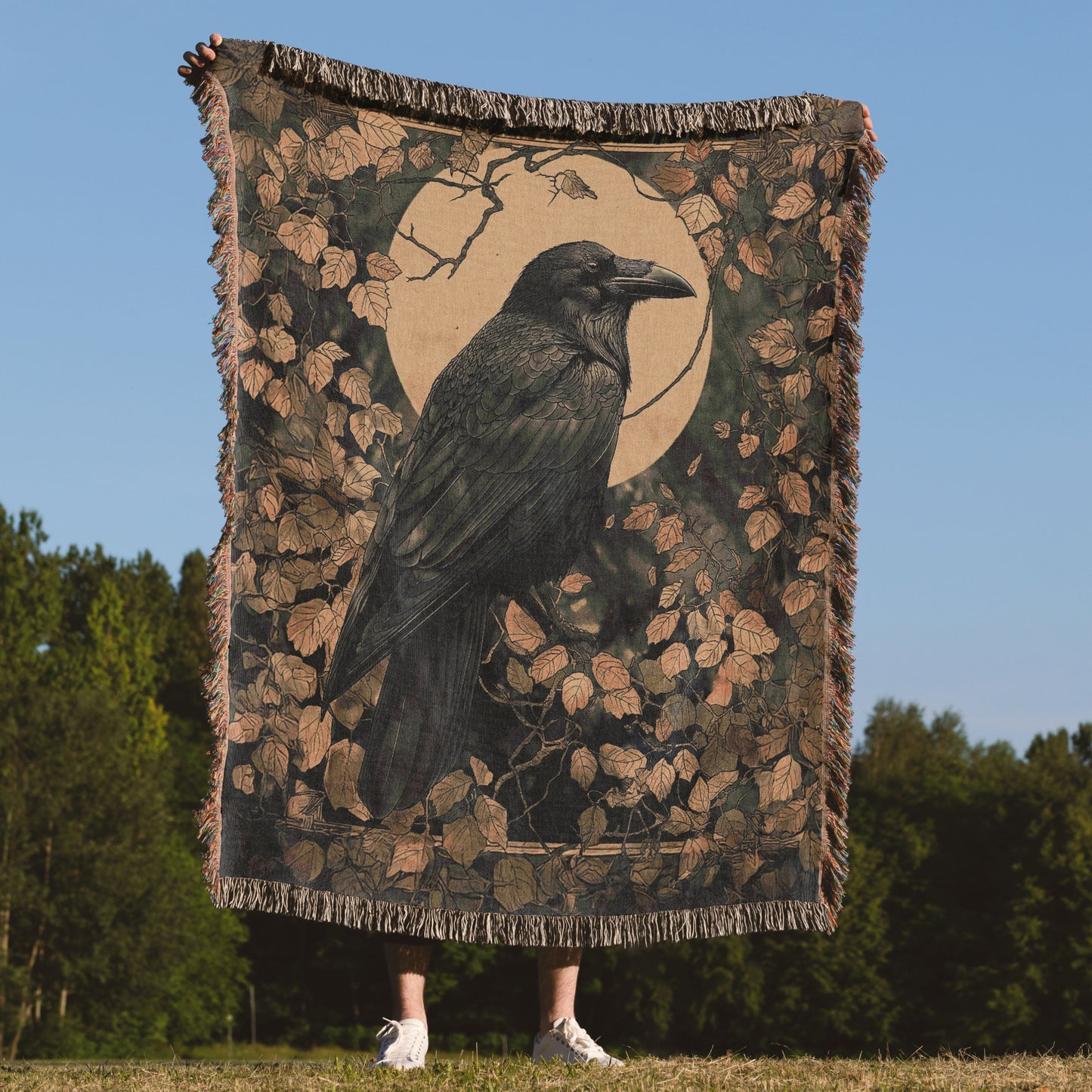 Mystic Raven Woven Blanket - Gothic Moonlit Tapestry