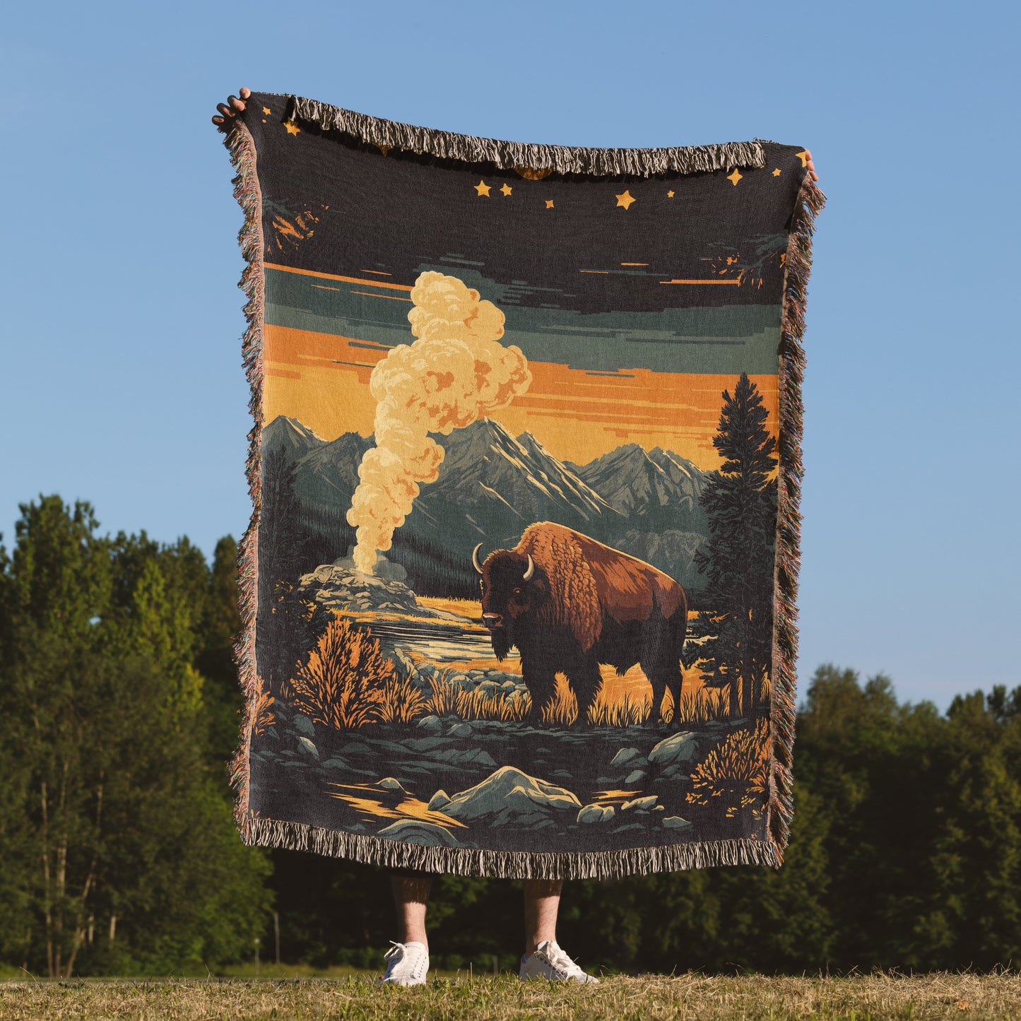 Yellowstone Buffalo Woven Blanket - Rustic Western Wildlife Tapestry