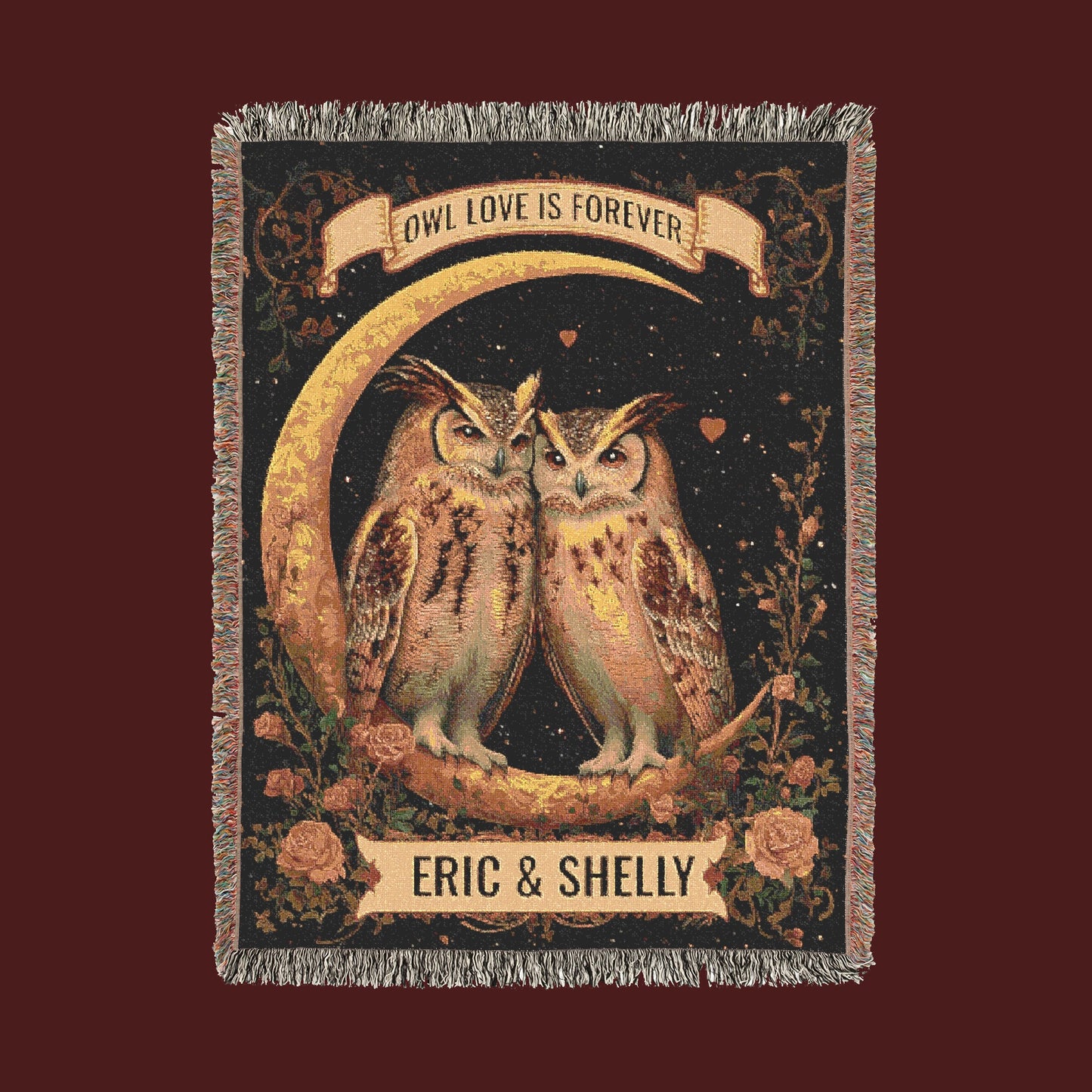 Custom Woven Blanket - Personalized Owl Love Tapestry - Romantic Gift for Couples