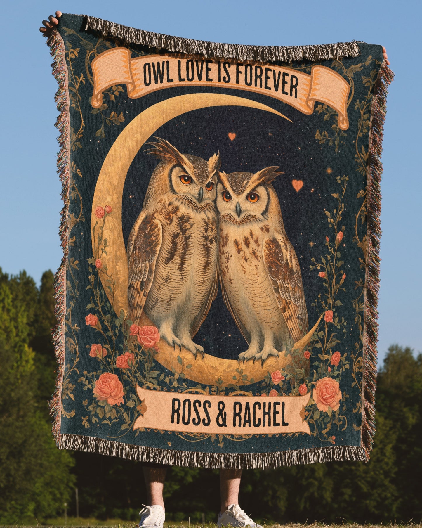 Custom Woven Blanket - Personalized Owl Love Tapestry - Romantic Gift for Couples