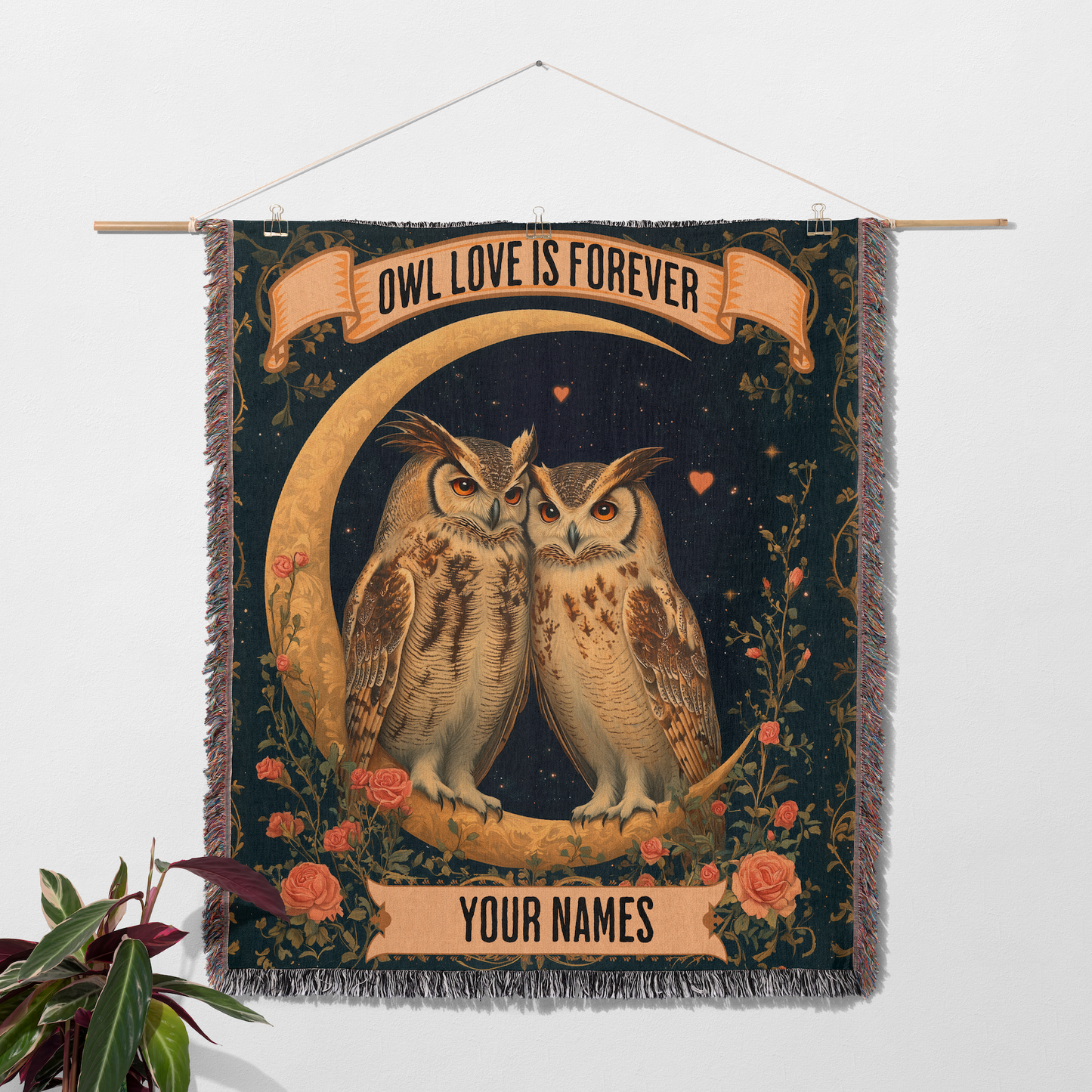 Custom Woven Blanket - Personalized Owl Love Tapestry - Romantic Gift for Couples
