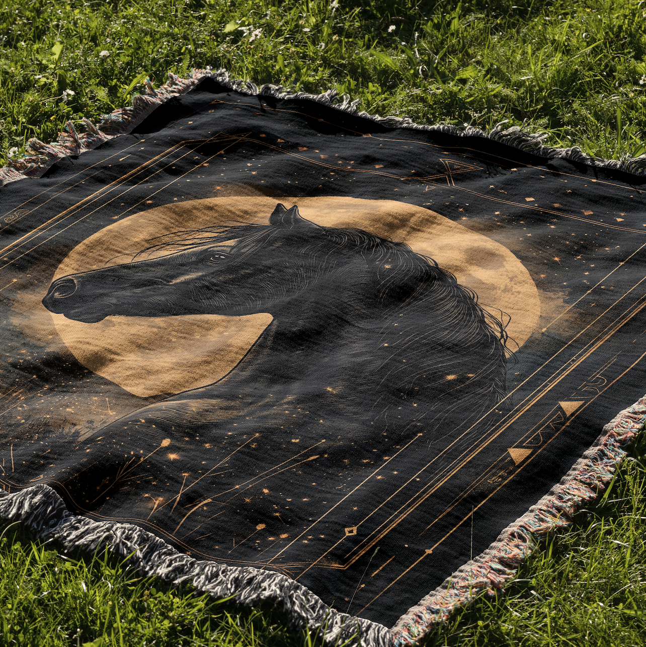Enchanted Black Horse Woven Blanket - Moonlit Equestrian Tapestry