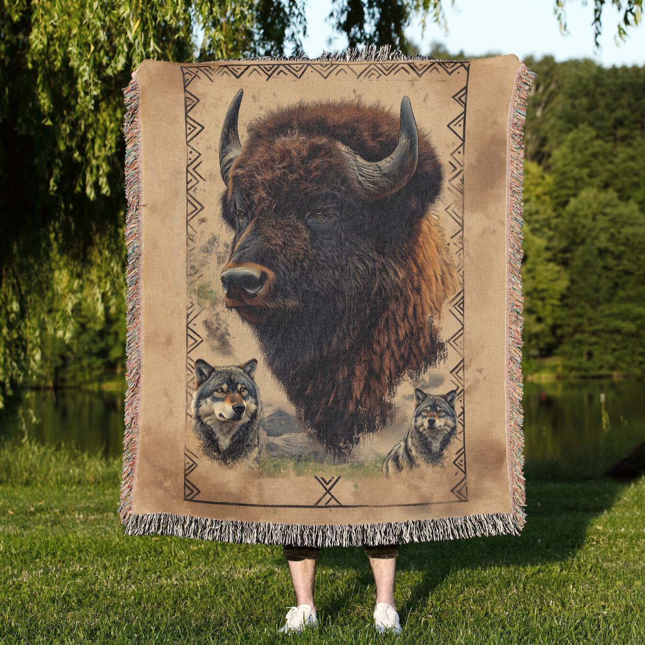 Majestic Bison & Wolves Woven Blanket - Rustic Wildlife Tapestry