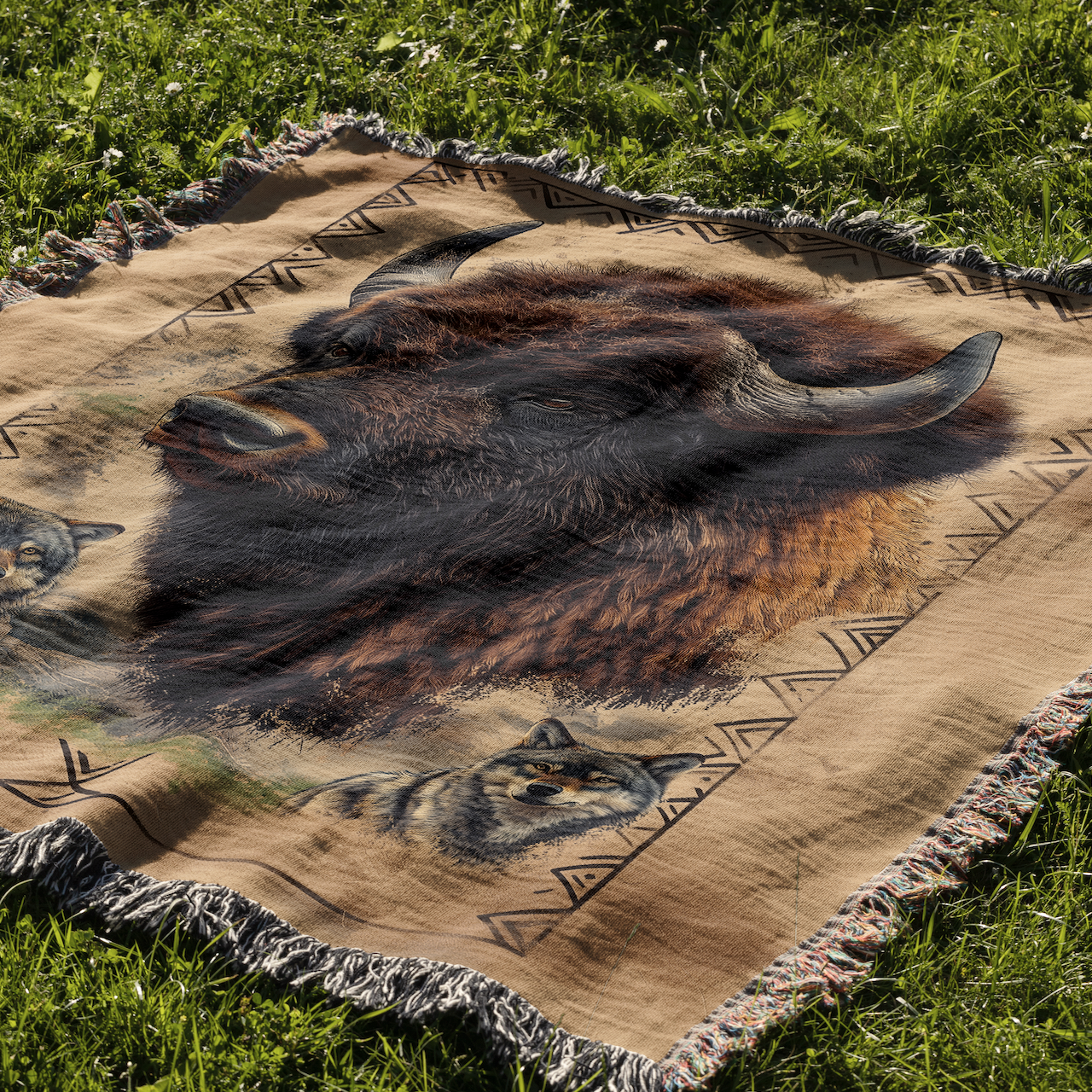 Majestic Bison & Wolves Woven Blanket - Rustic Wildlife Tapestry