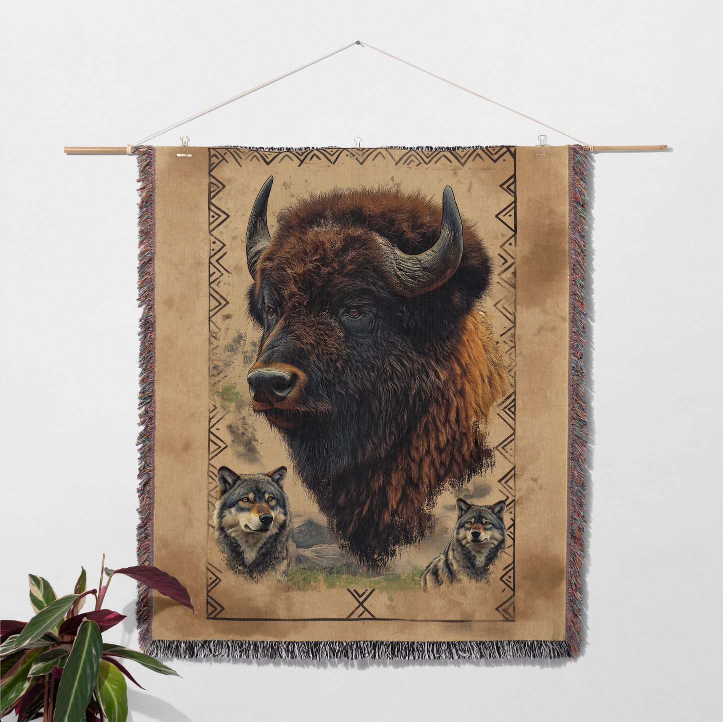 Majestic Bison & Wolves Woven Blanket - Rustic Wildlife Tapestry