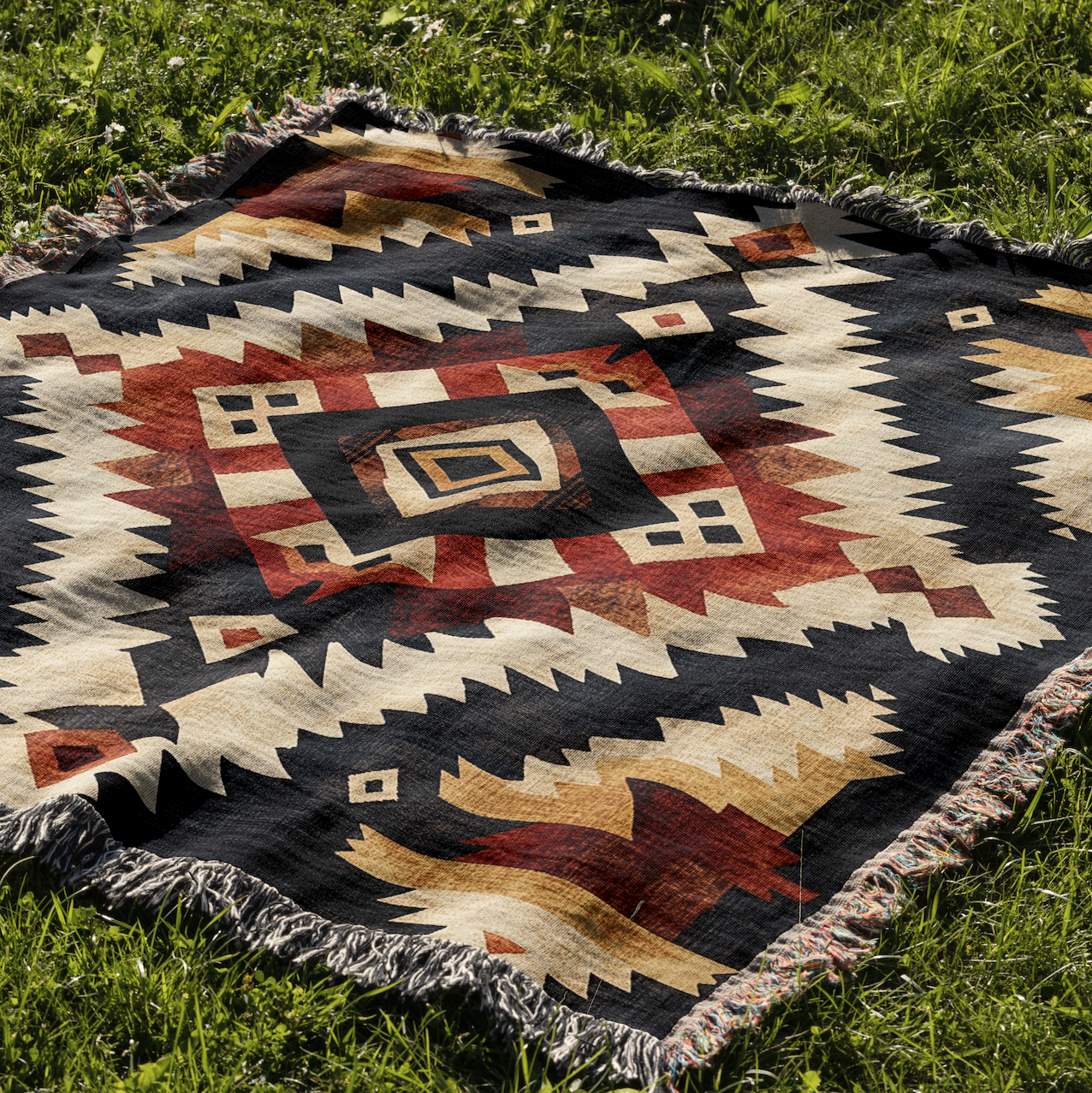 Southwestern Tribal Woven Blanket - Rustic Boho Geometric Tapestry