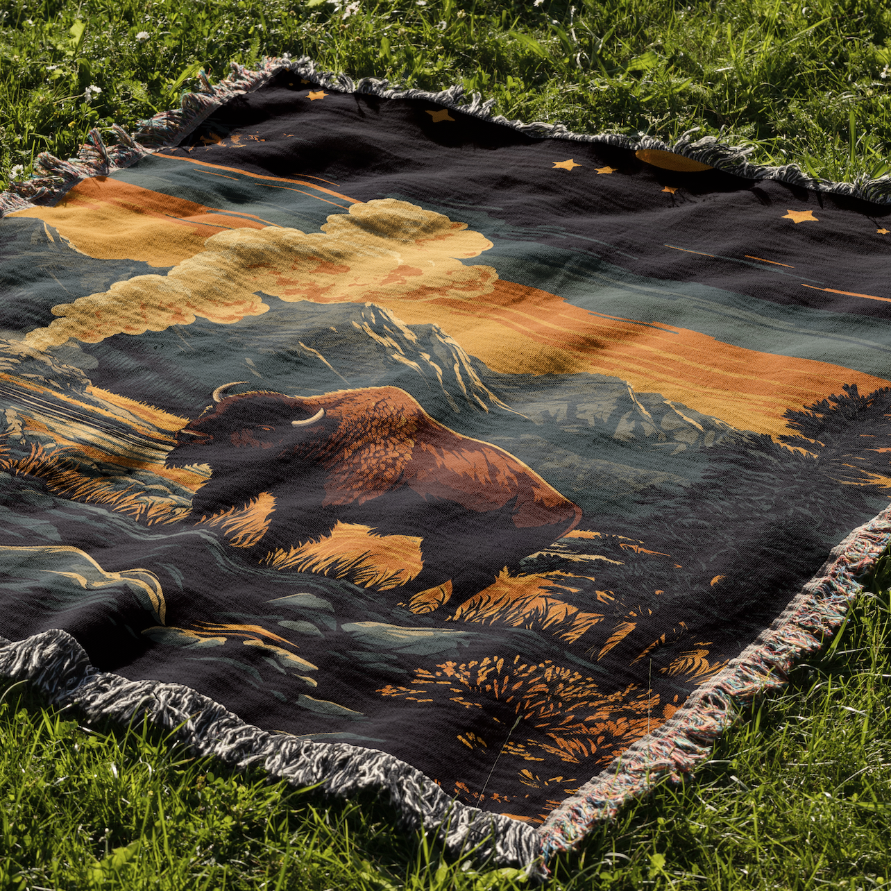 Yellowstone Buffalo Woven Blanket - Rustic Western Wildlife Tapestry